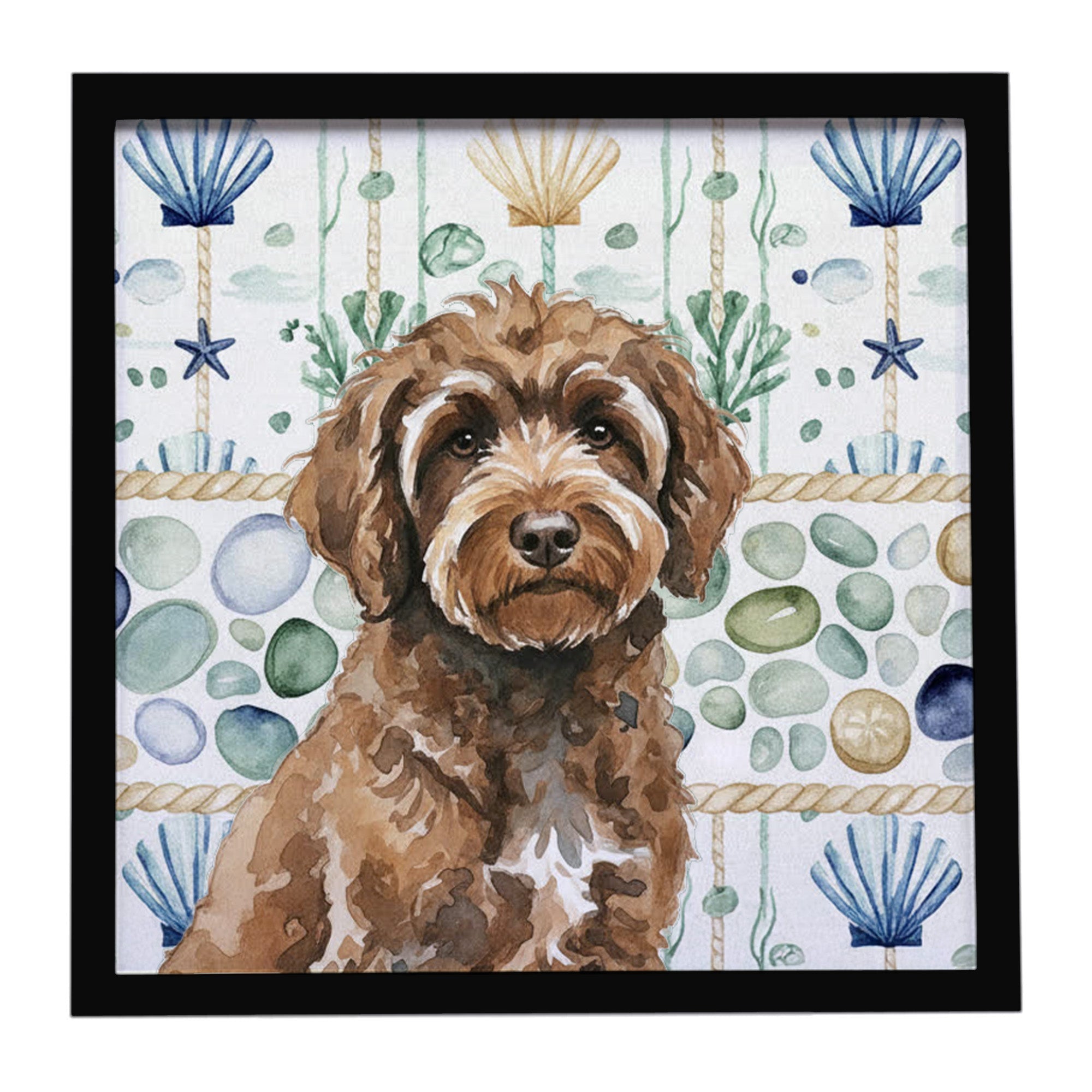 Brown Portuguese Water Dog Coastal Sea Glass Framed Metal Print Bathroom, Kitchen, Office, Home Decor Wall Art Ready to Hang, Square, 8X8