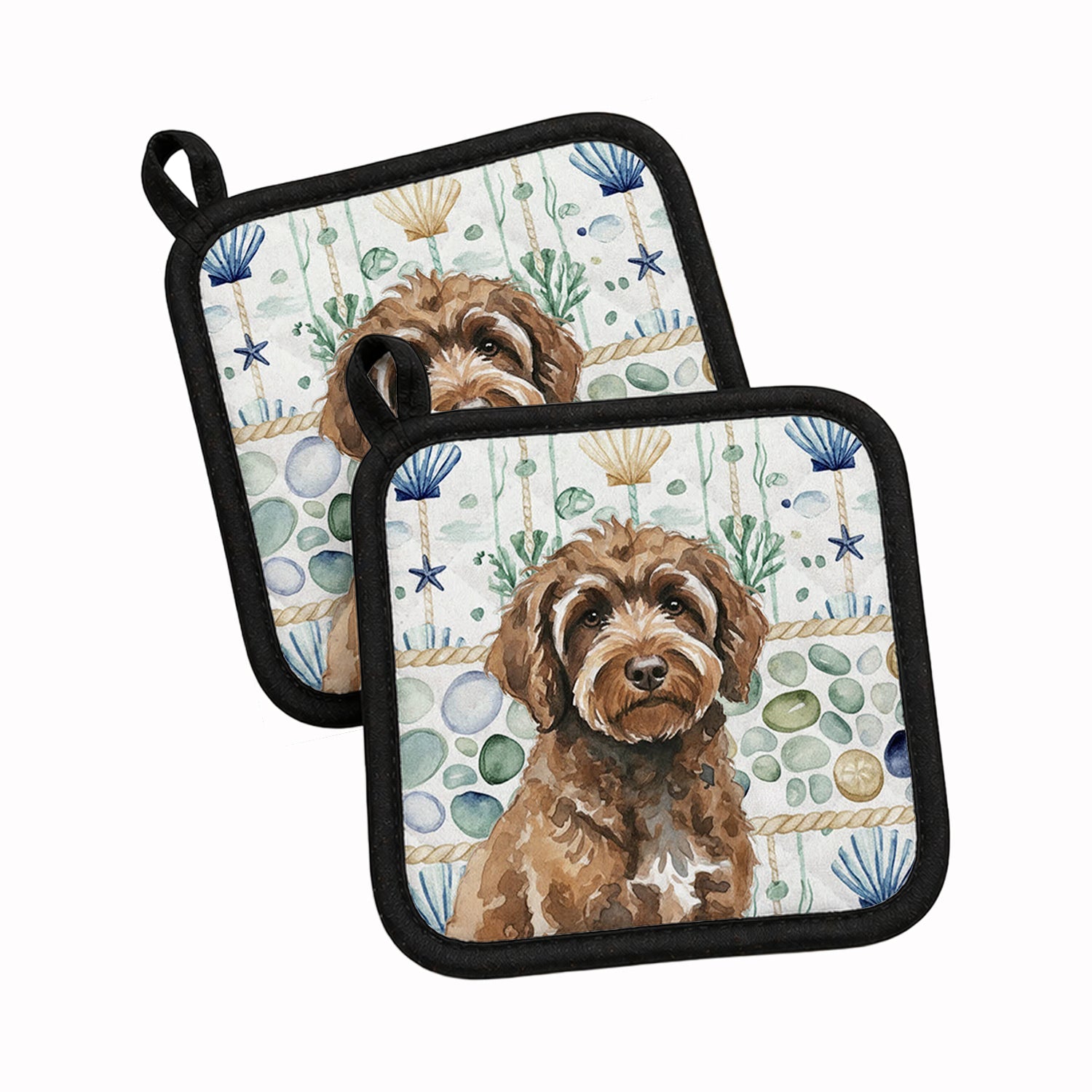 Brown Portuguese Water Dog Coastal Sea Glass Pot Holder Set of 2 Heat Resistant Quilted Hot Pads 7.5 x 7.5 Inch, Insulated Kitchen Trivets for Cooking & Baking