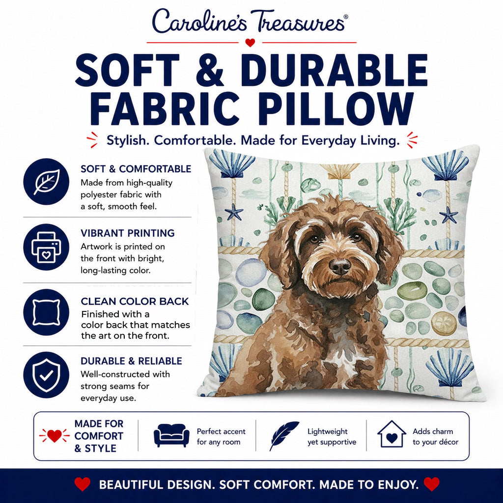 Brown Portuguese Water Dog Coastal Sea Glass Decorative Throw Pillow 14x14 Indoor Outdoor Accent Cushion, Fabric Cover with Insert for Sofa, Bed, Porch & Living Room