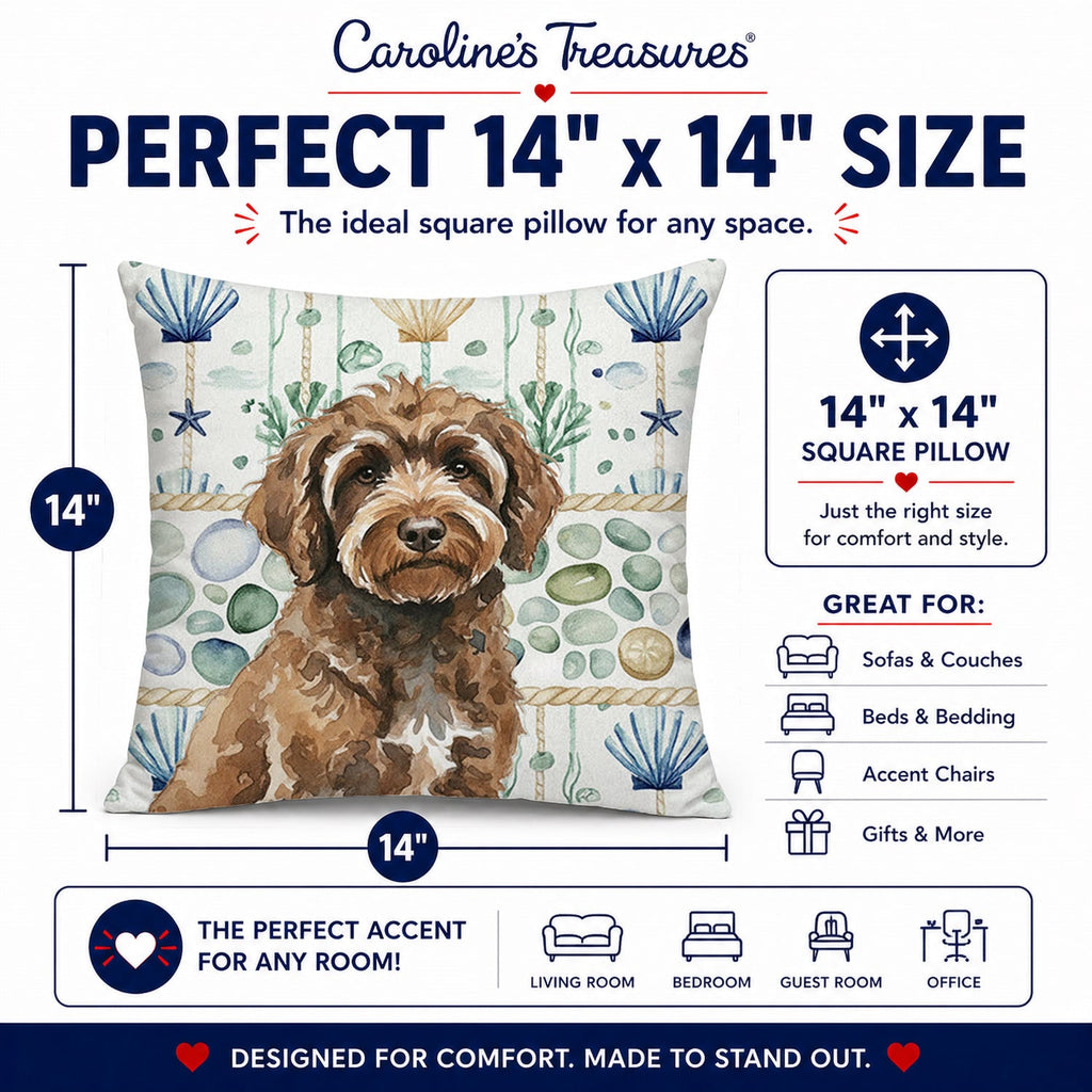 Brown Portuguese Water Dog Coastal Sea Glass Decorative Throw Pillow 14x14 Indoor Outdoor Accent Cushion, Fabric Cover with Insert for Sofa, Bed, Porch & Living Room