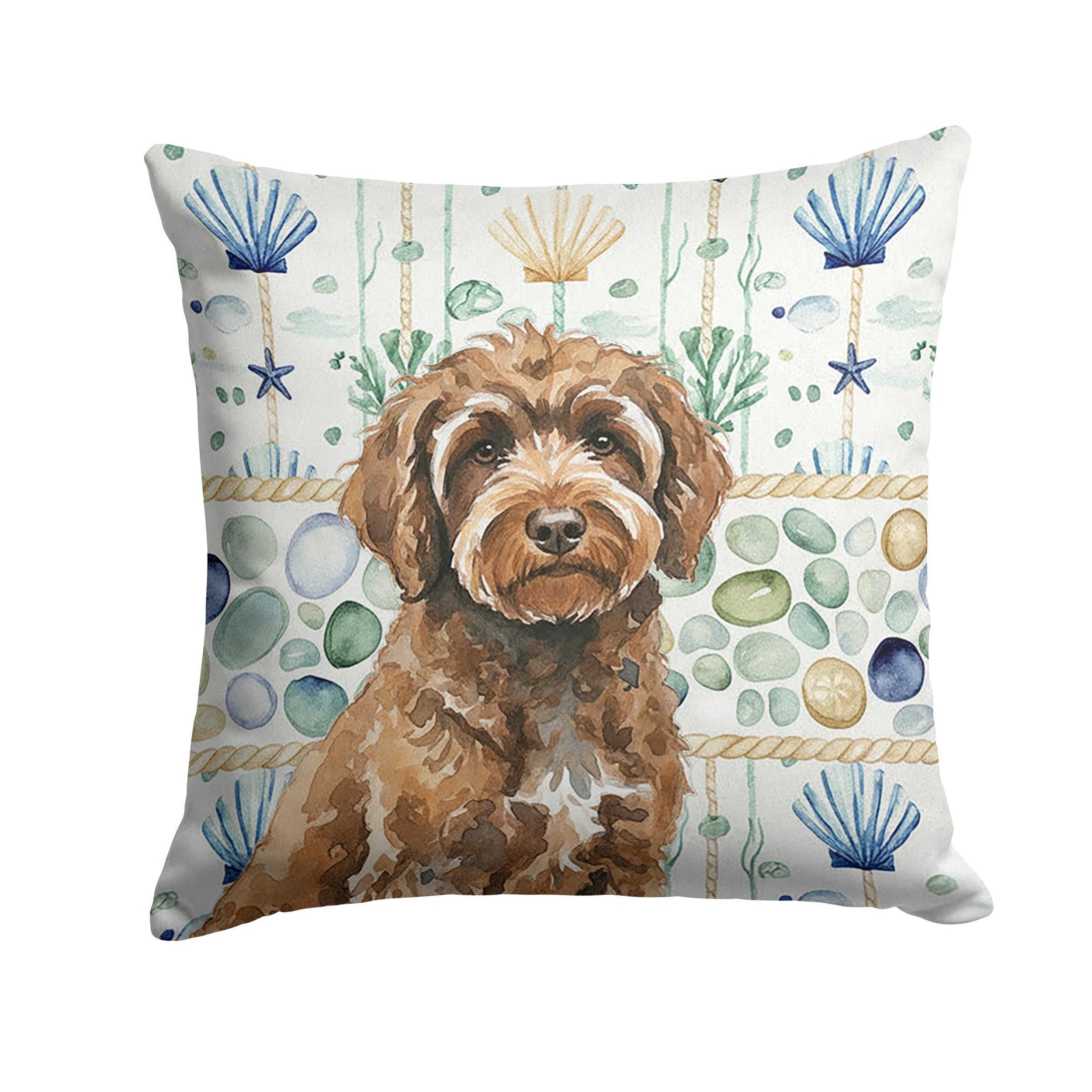 Brown Portuguese Water Dog Coastal Sea Glass Decorative Throw Pillow 14x14 Indoor Outdoor Accent Cushion, Fabric Cover with Insert for Sofa, Bed, Porch & Living Room