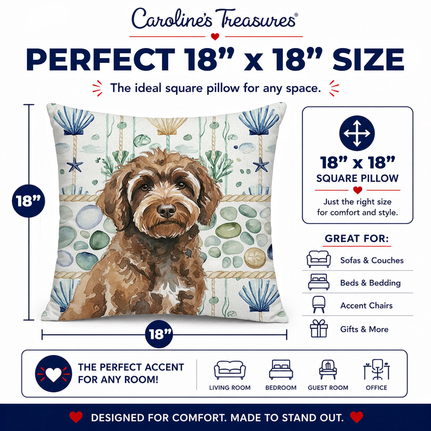 Brown Portuguese Water Dog Coastal Sea Glass Decorative Throw Pillow 18x18 Indoor Outdoor Accent Cushion, Fabric Cover with Insert for Sofa, Bed, Porch & Living Room