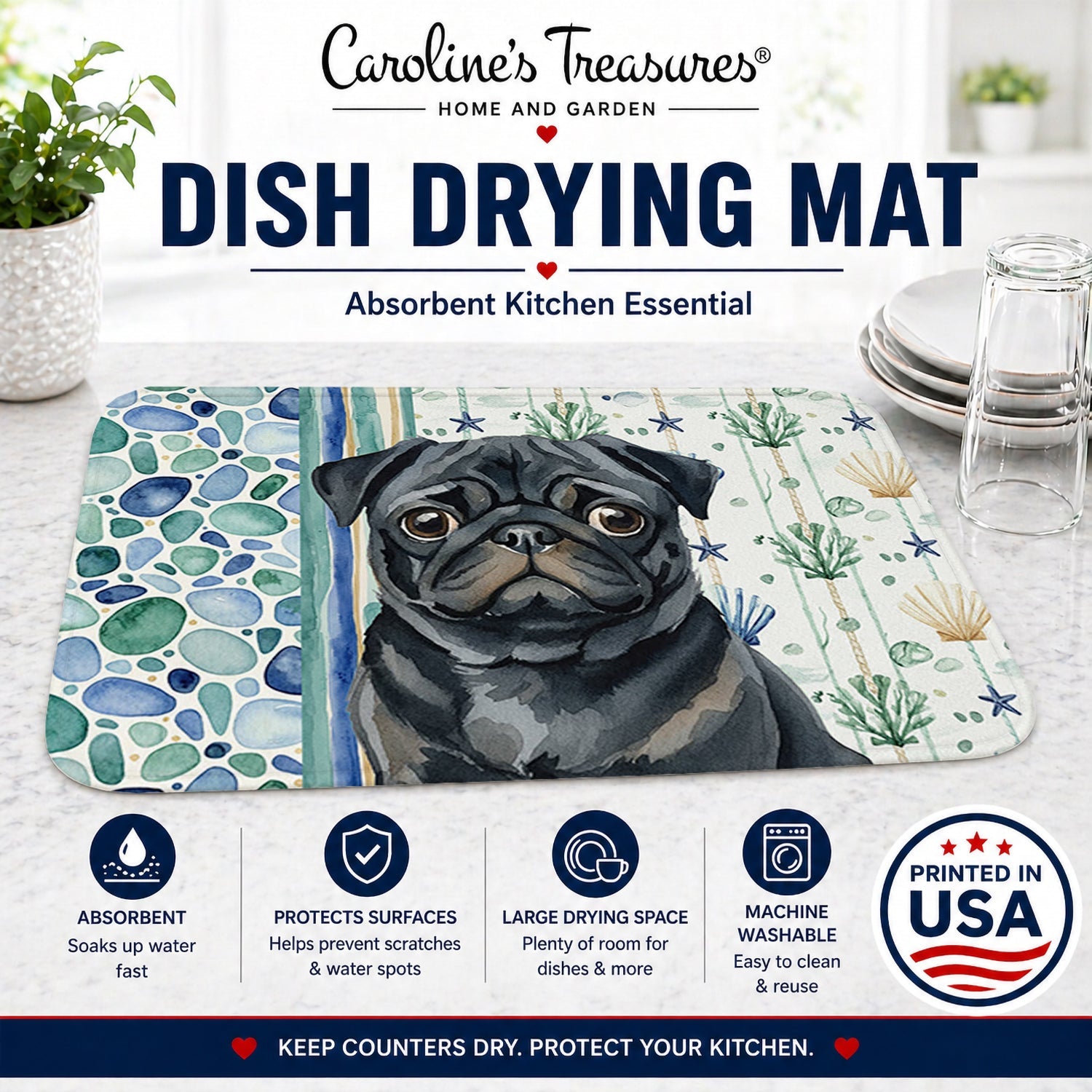 Black Pug Coastal Sea Glass Dish Drying Mat Absorbent Dish Drying Mat Pad for Kitchen Counter Dish Drainer Mat for Countertop, 14 x 21", Multicolor