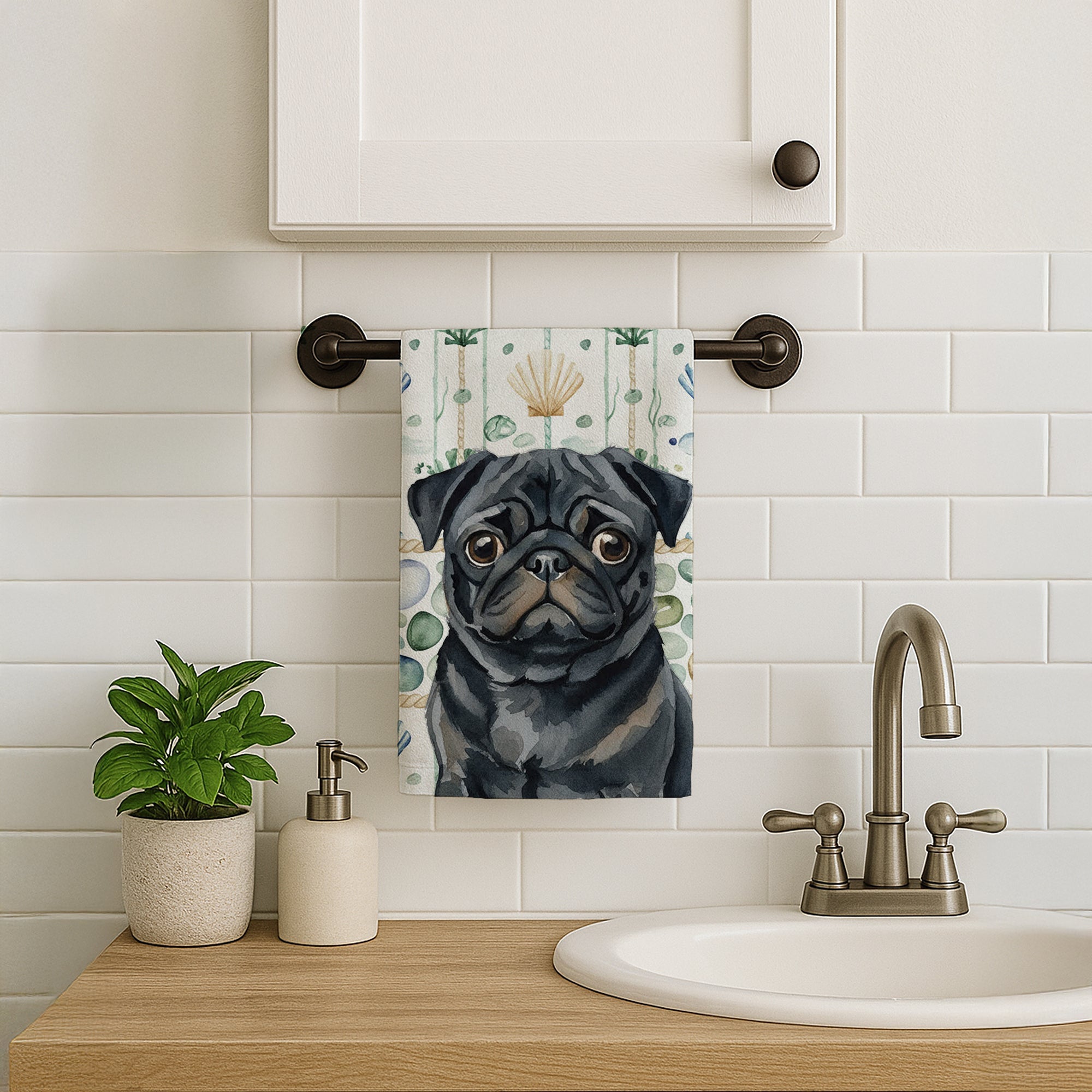 Black Pug Coastal Sea Glass Kitchen Towel Velour Plush Front and Cotton Loop Back Machine Washable
