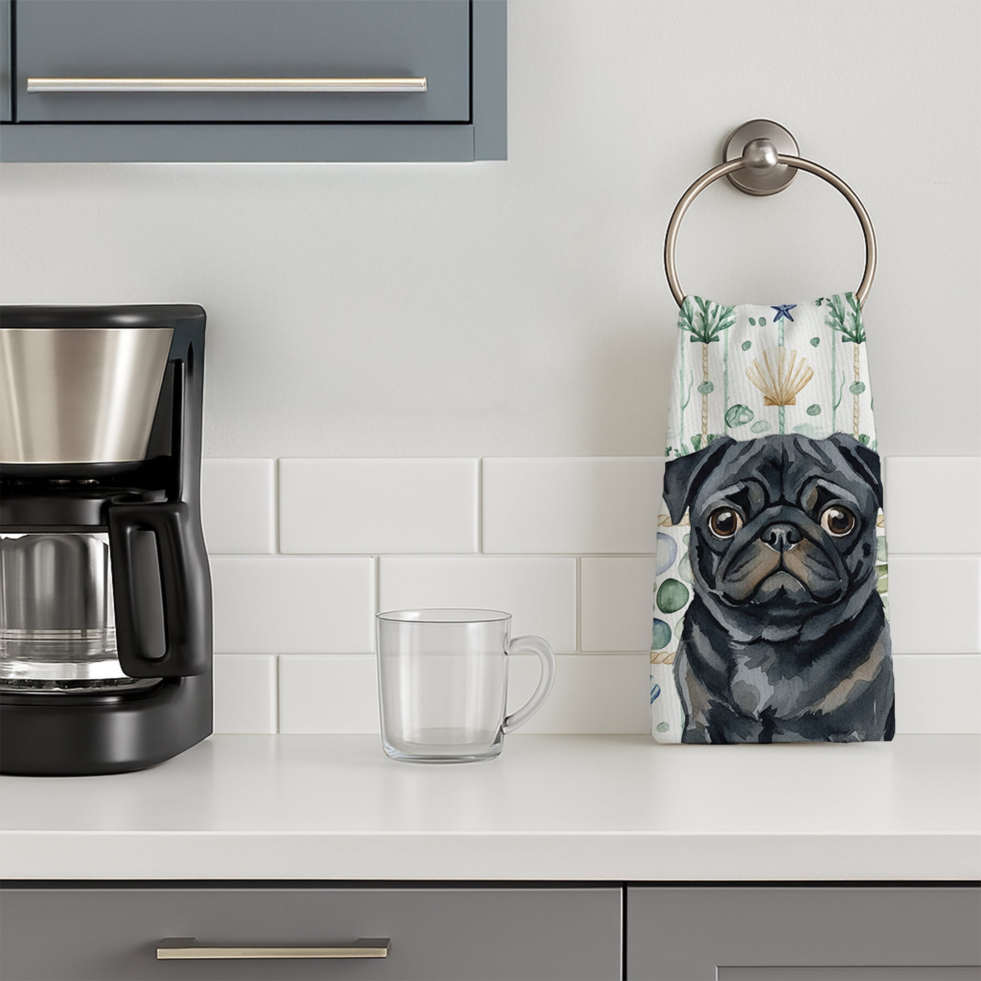 Black Pug Coastal Sea Glass Kitchen Towel Velour Plush Front and Cotton Loop Back Machine Washable