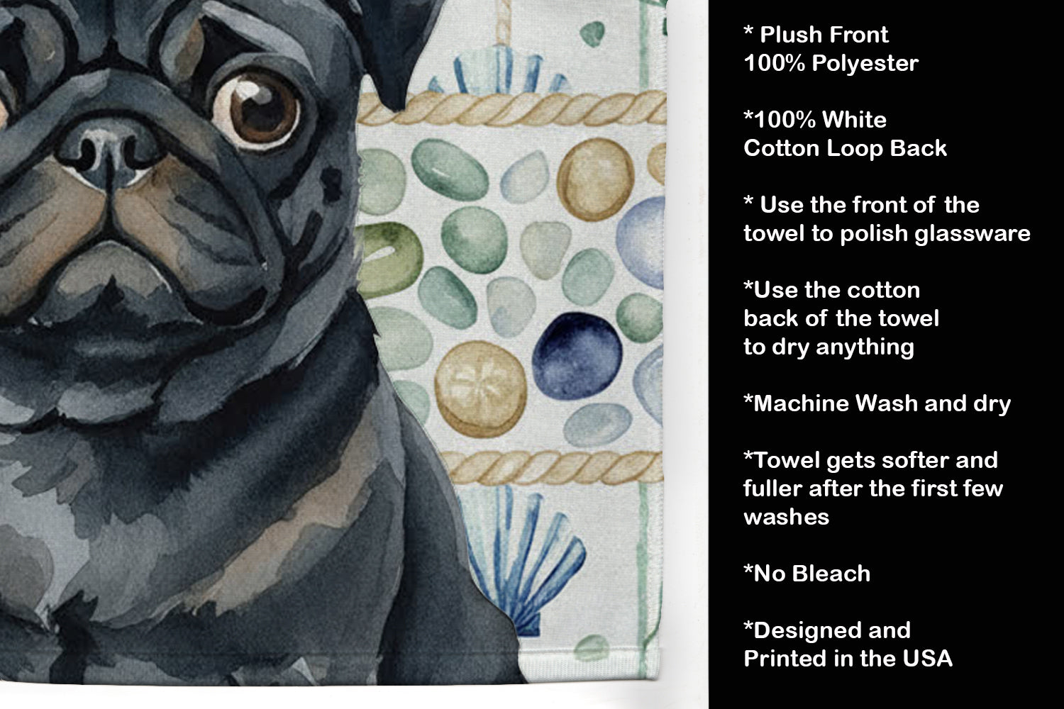 Black Pug Coastal Sea Glass Kitchen Towel Velour Plush Front and Cotton Loop Back Machine Washable