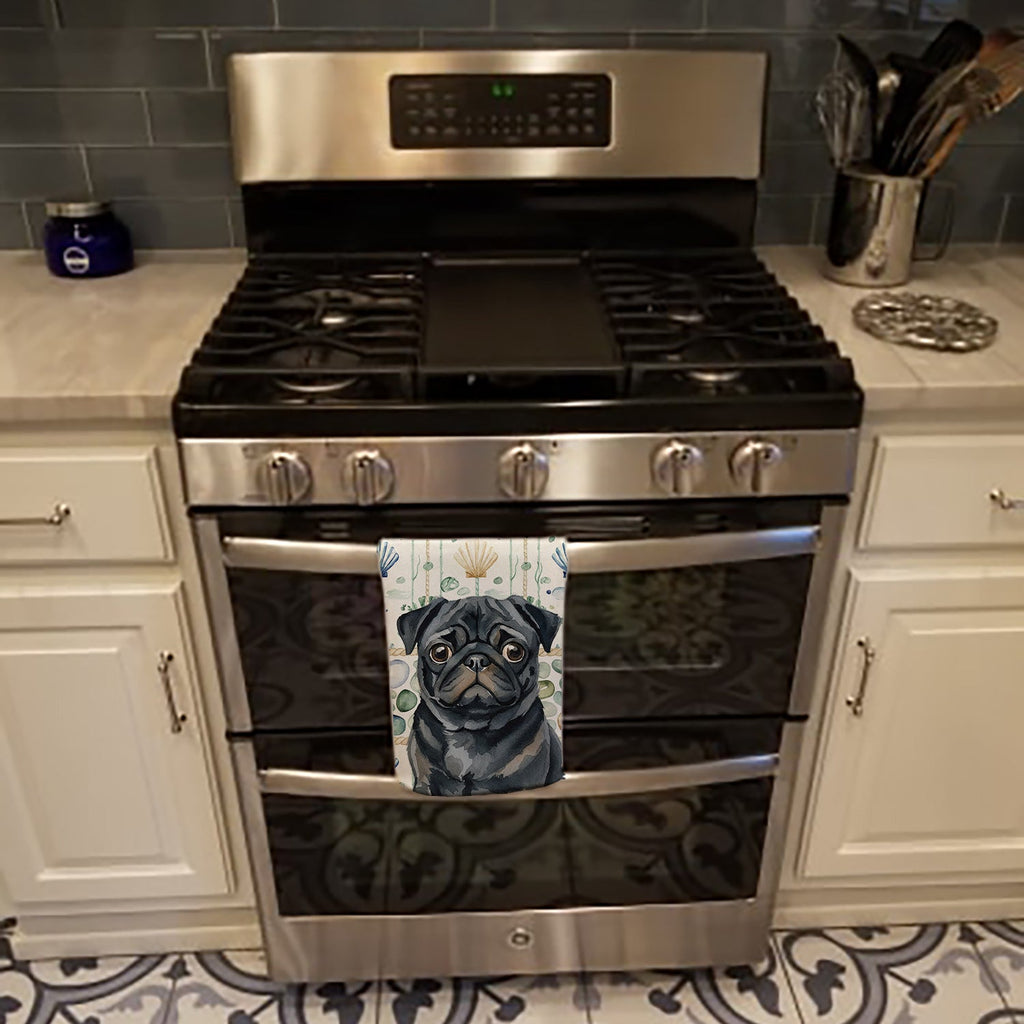 Black Pug Coastal Sea Glass Kitchen Towel Velour Plush Front and Cotton Loop Back Machine Washable