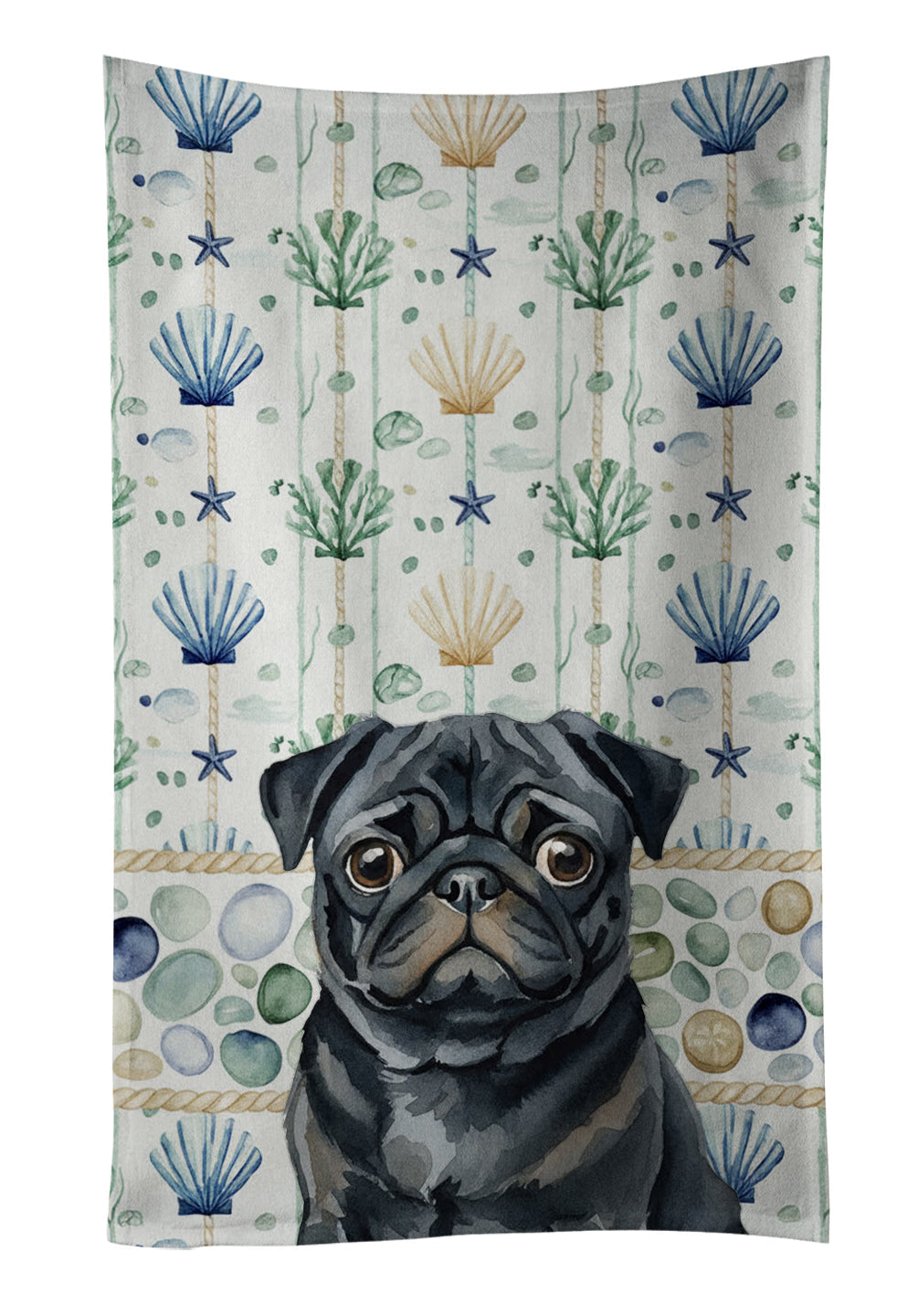 Black Pug Coastal Sea Glass Kitchen Towel Velour Plush Front and Cotton Loop Back Machine Washable