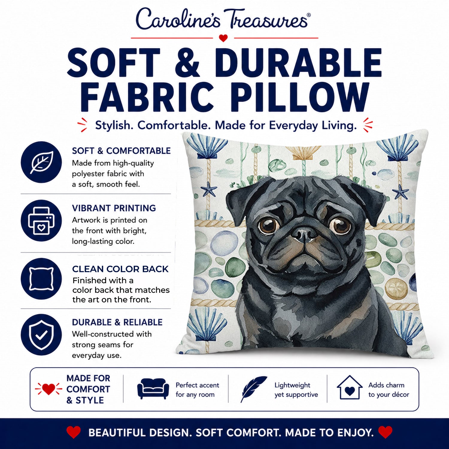 Black Pug Coastal Sea Glass Decorative Throw Pillow 14x14 Indoor Outdoor Accent Cushion, Fabric Cover with Insert for Sofa, Bed, Porch & Living Room