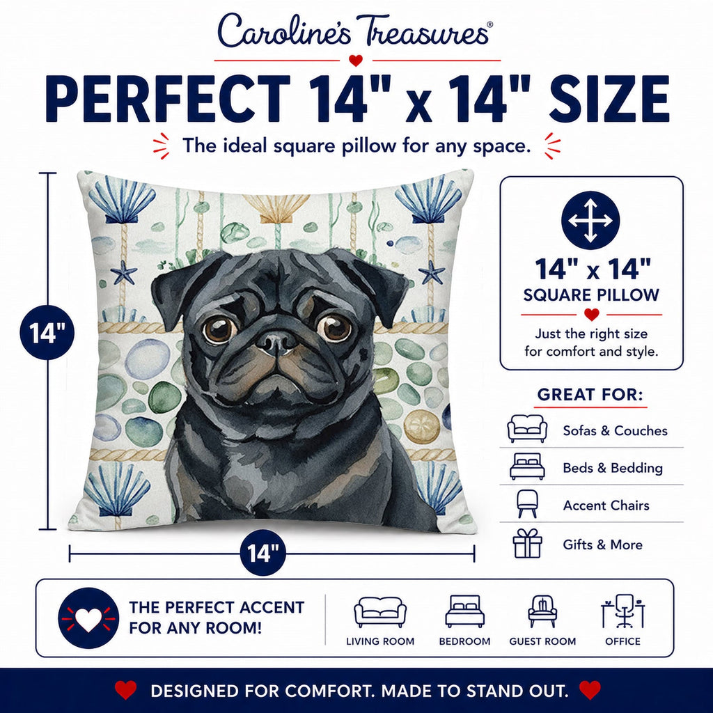 Black Pug Coastal Sea Glass Decorative Throw Pillow 14x14 Indoor Outdoor Accent Cushion, Fabric Cover with Insert for Sofa, Bed, Porch & Living Room