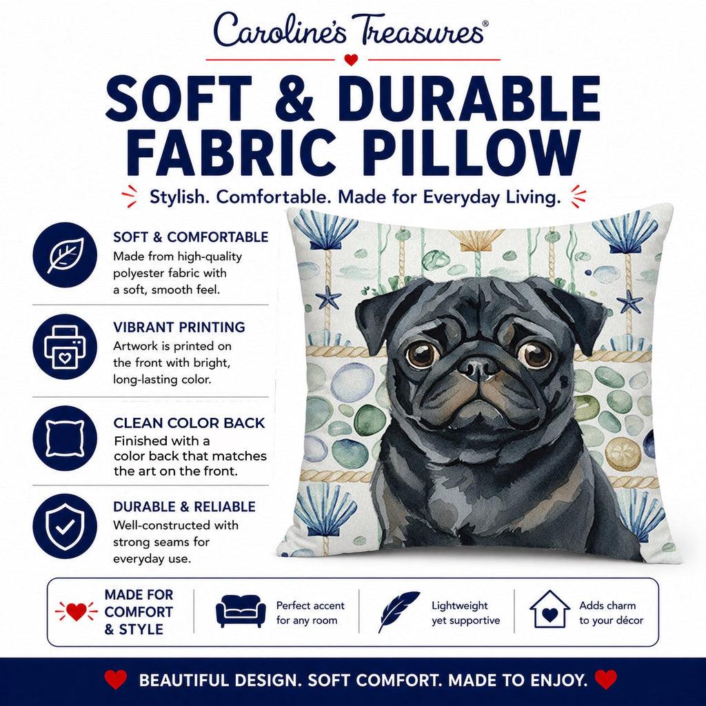 Black Pug Coastal Sea Glass Decorative Throw Pillow 18x18 Indoor Outdoor Accent Cushion, Fabric Cover with Insert for Sofa, Bed, Porch & Living Room