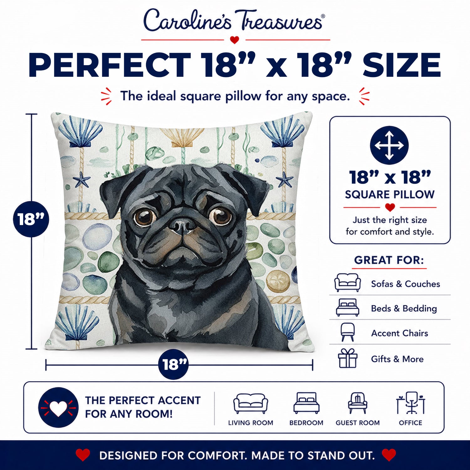 Black Pug Coastal Sea Glass Decorative Throw Pillow 18x18 Indoor Outdoor Accent Cushion, Fabric Cover with Insert for Sofa, Bed, Porch & Living Room