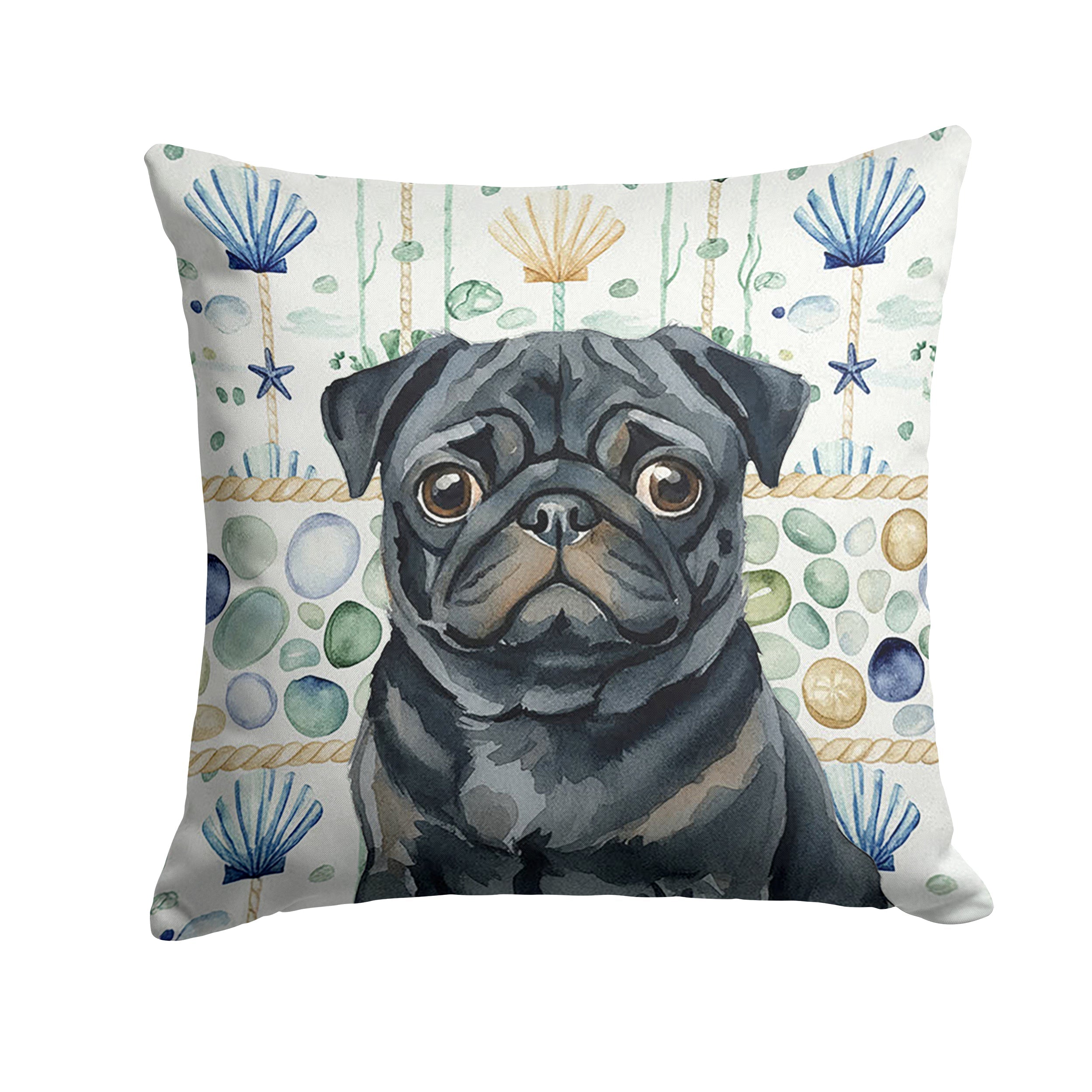 Black Pug Coastal Sea Glass Decorative Throw Pillow 18x18 Indoor Outdoor Accent Cushion, Fabric Cover with Insert for Sofa, Bed, Porch & Living Room