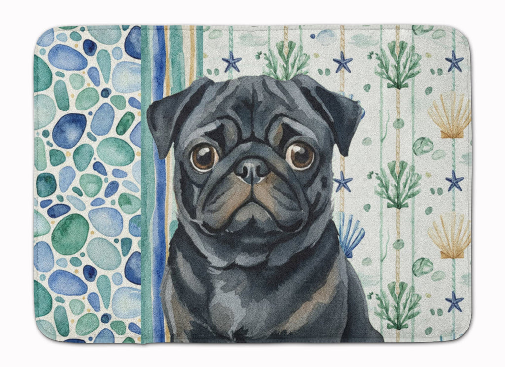 Black Pug Coastal Sea Glass Memory Foam Kitchen Mat Machine Washable Anti-Fatigue Cushion Comfort Bath or Kitchen Rug