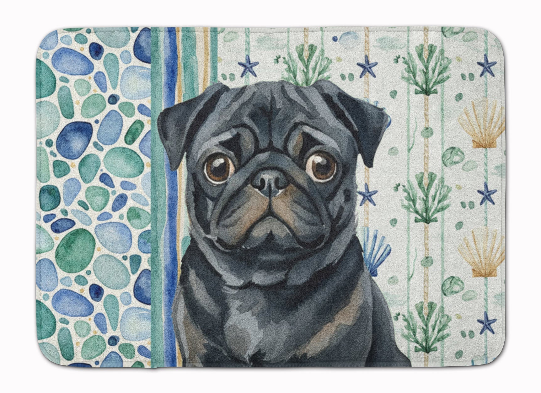 Black Pug Coastal Sea Glass Memory Foam Kitchen Mat Machine Washable Anti-Fatigue Cushion Comfort Bath or Kitchen Rug