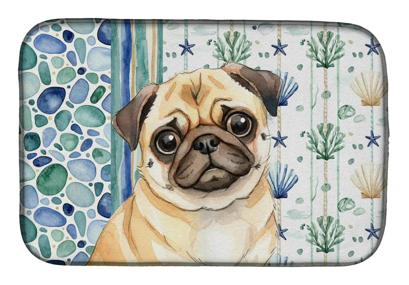 Fawn Pug Coastal Sea Glass Dish Drying Mat Absorbent Dish Drying Mat Pad for Kitchen Counter Dish Drainer Mat for Countertop, 14 x 21", Multicolor
