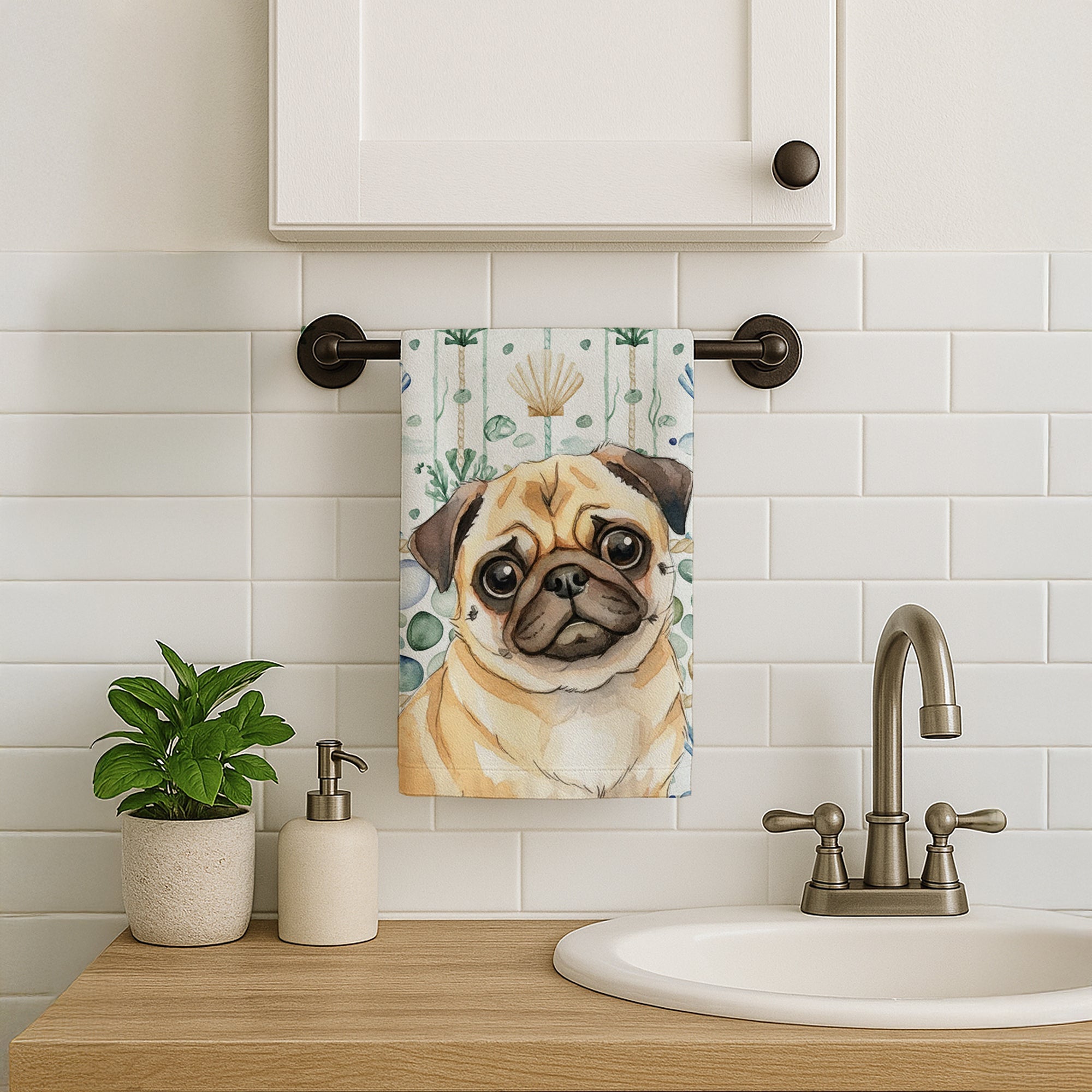 Fawn Pug Coastal Sea Glass Kitchen Towel Velour Plush Front and Cotton Loop Back Machine Washable