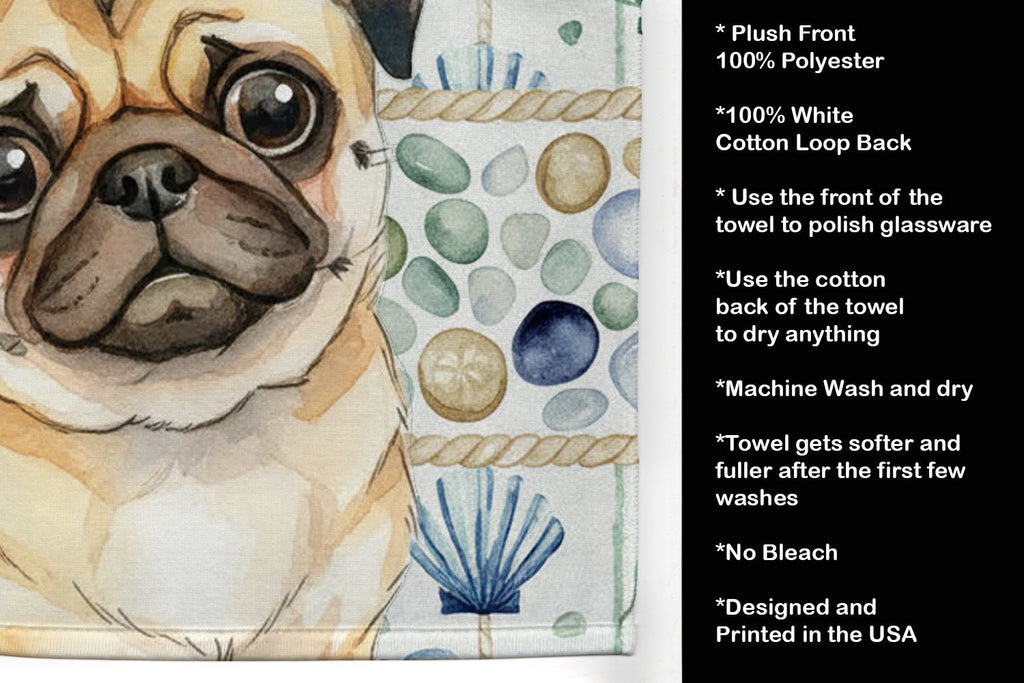 Fawn Pug Coastal Sea Glass Kitchen Towel Velour Plush Front and Cotton Loop Back Machine Washable