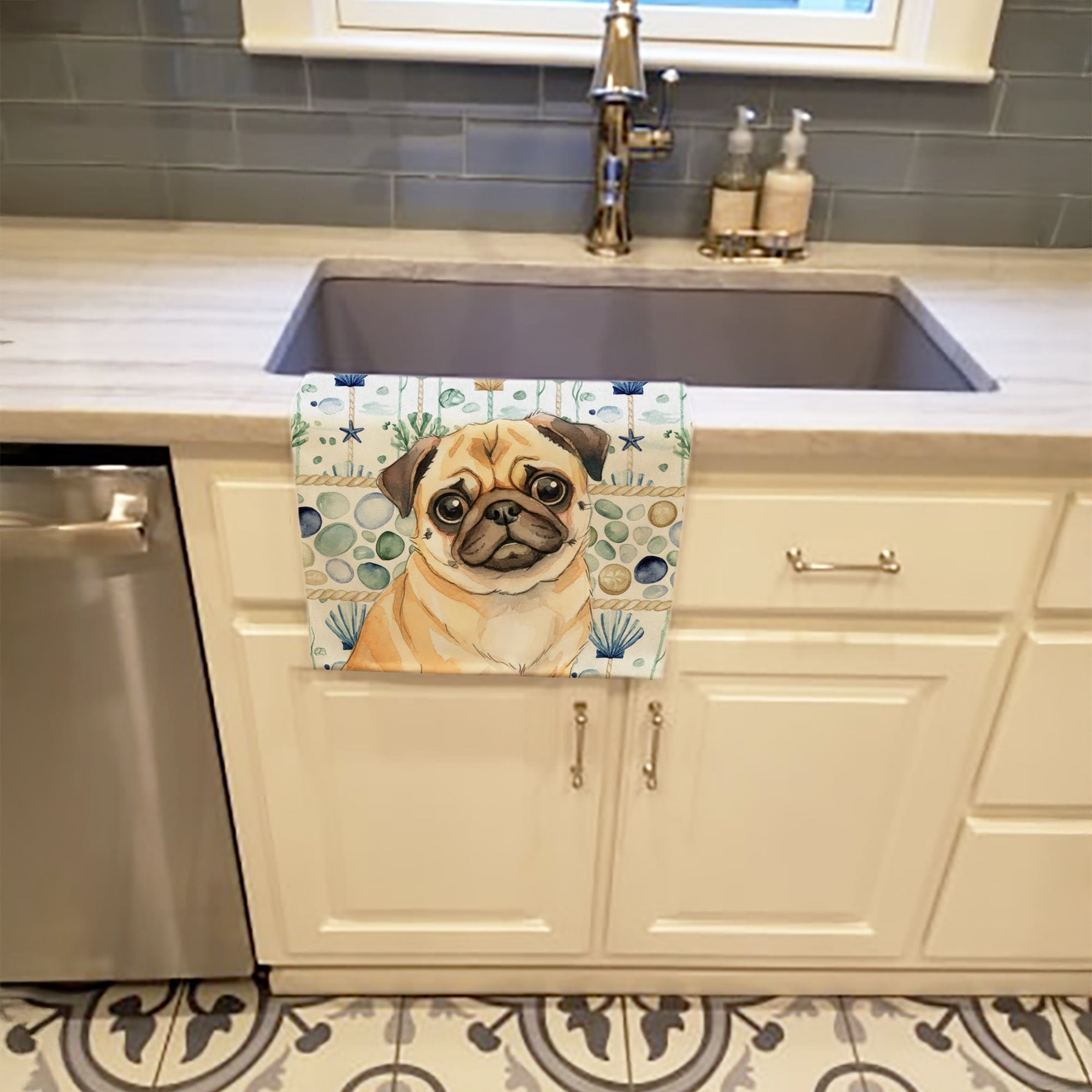 Fawn Pug Coastal Sea Glass Kitchen Towel Velour Plush Front and Cotton Loop Back Machine Washable