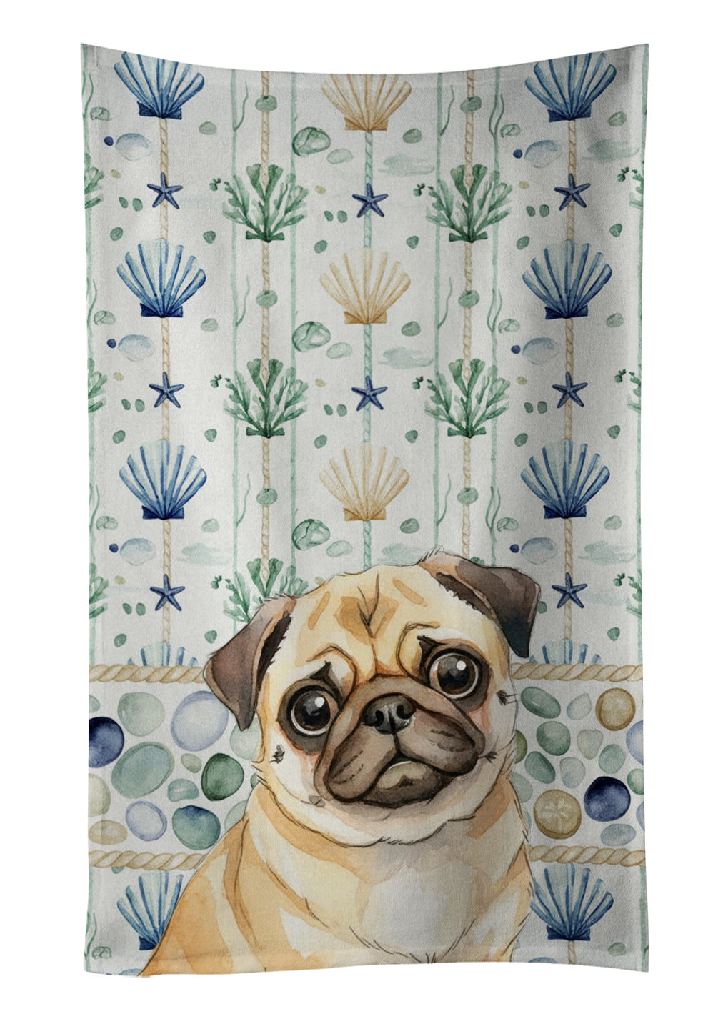 Fawn Pug Coastal Sea Glass Kitchen Towel Velour Plush Front and Cotton Loop Back Machine Washable