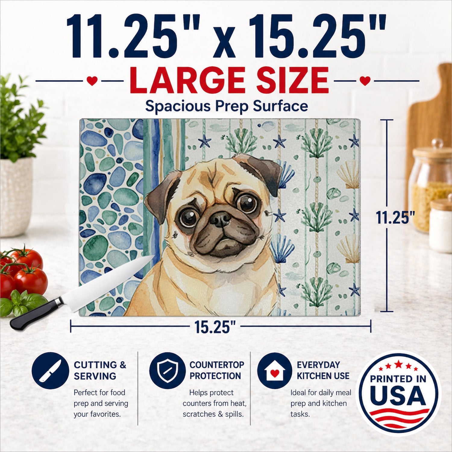 Fawn Pug Coastal Sea Glass Cutting Board Tempered Glass Kitchen Cutting Surface, Heat Resistant Chopping, Non-Slip Feet, Food Prep & Serving