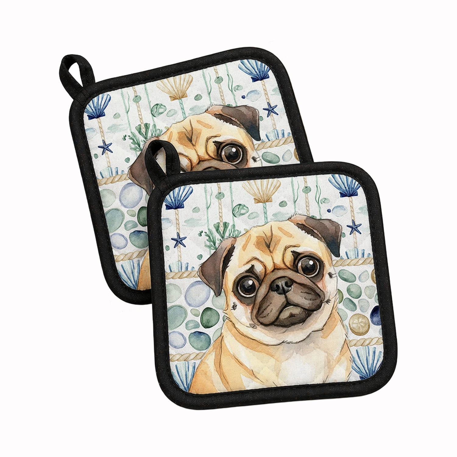Fawn Pug Coastal Sea Glass Pot Holder Set of 2 Heat Resistant Quilted Hot Pads 7.5 x 7.5 Inch, Insulated Kitchen Trivets for Cooking & Baking
