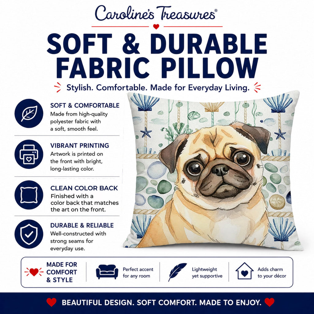 Fawn Pug Coastal Sea Glass Decorative Throw Pillow 18x18 Indoor Outdoor Accent Cushion, Fabric Cover with Insert for Sofa, Bed, Porch & Living Room