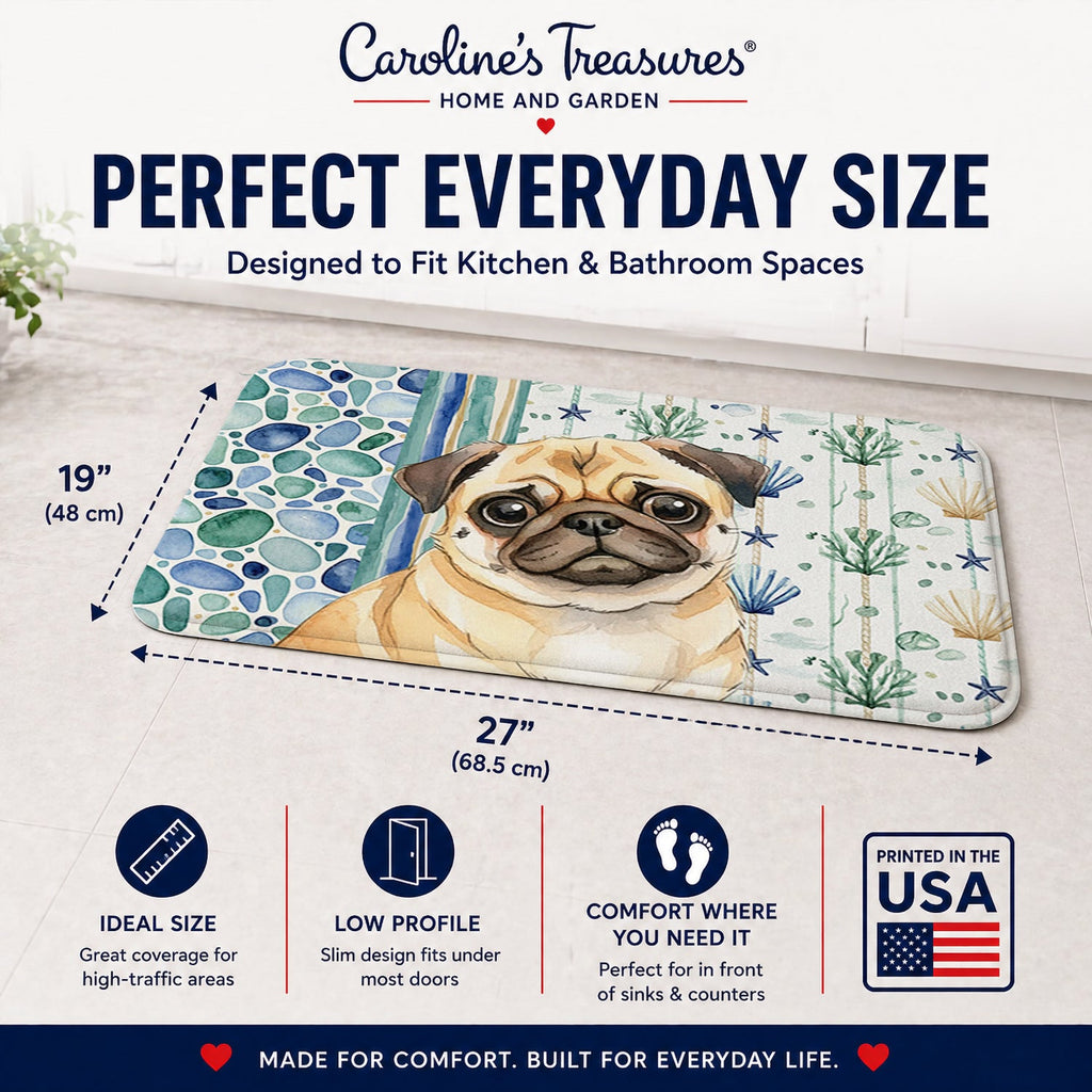 Fawn Pug Coastal Sea Glass Memory Foam Kitchen Mat Machine Washable Anti-Fatigue Cushion Comfort Bath or Kitchen Rug