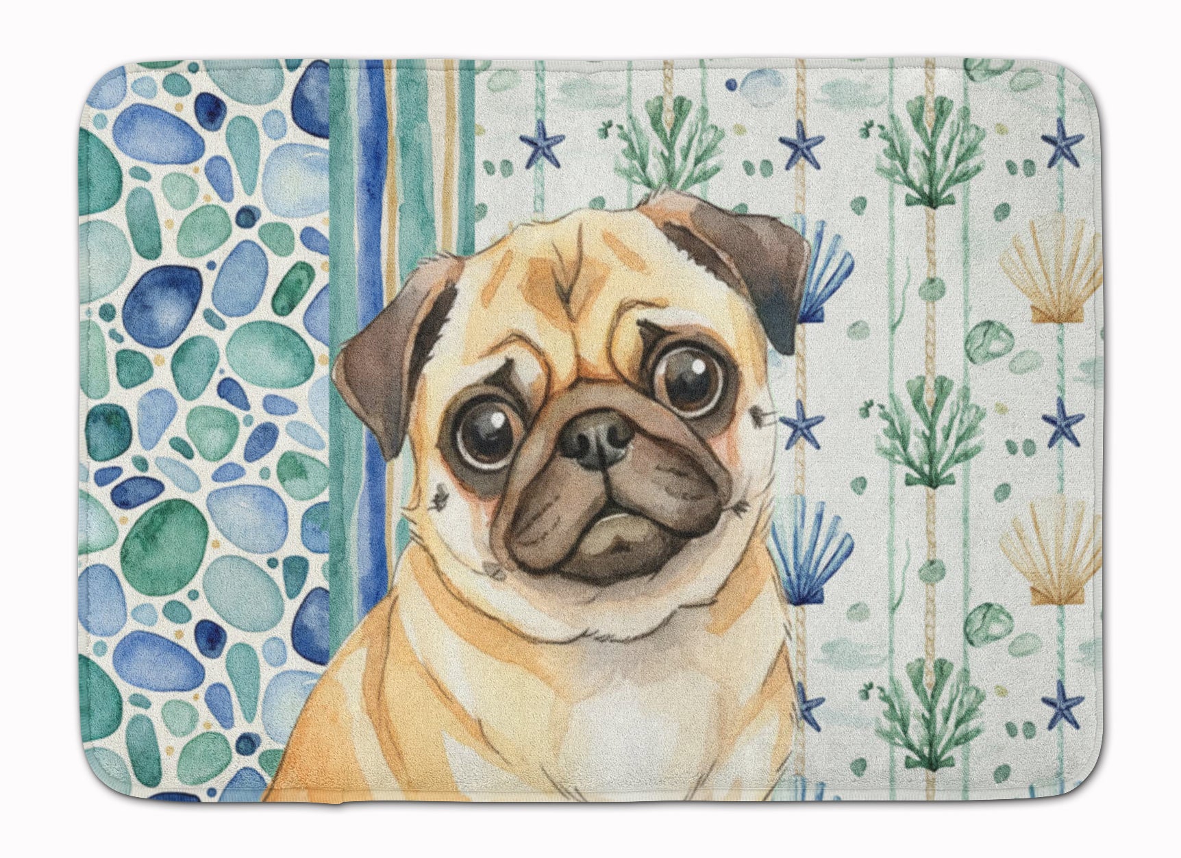 Fawn Pug Coastal Sea Glass Memory Foam Kitchen Mat Machine Washable Anti-Fatigue Cushion Comfort Bath or Kitchen Rug