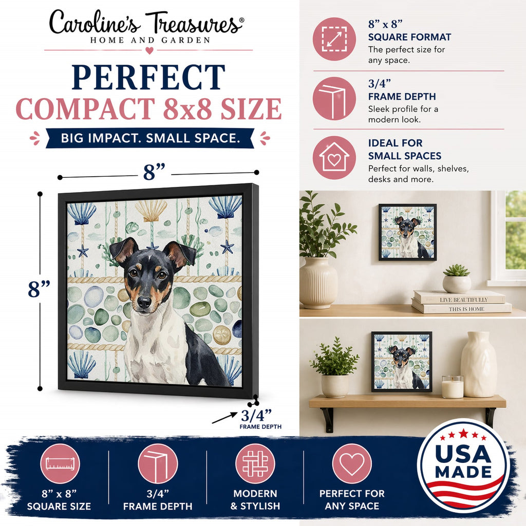 Black and White Rat Terrier Coastal Sea Glass Framed Metal Print Bathroom, Kitchen, Office, Home Decor Wall Art Ready to Hang, Square, 8X8