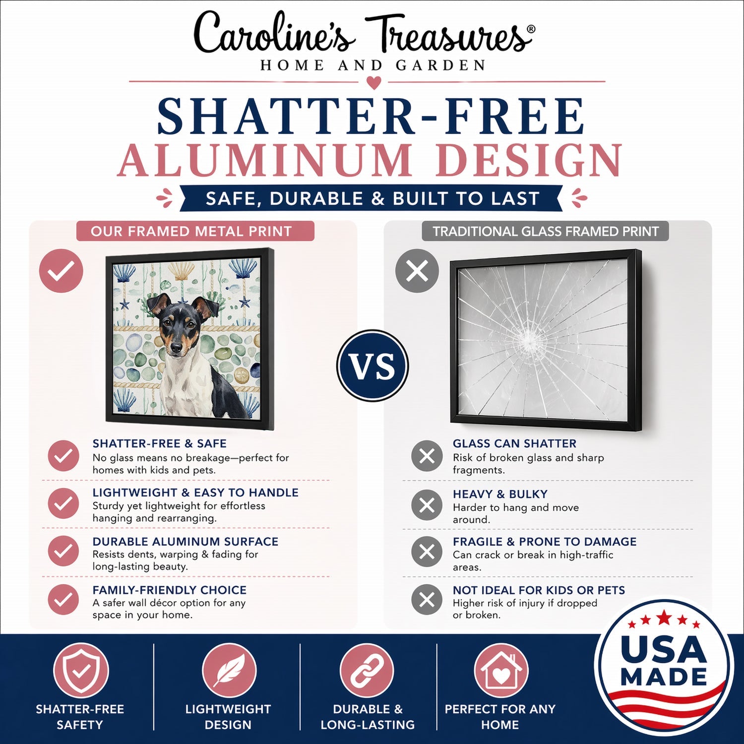 Black and White Rat Terrier Coastal Sea Glass Framed Metal Print Bathroom, Kitchen, Office, Home Decor Wall Art Ready to Hang, Square, 8X8