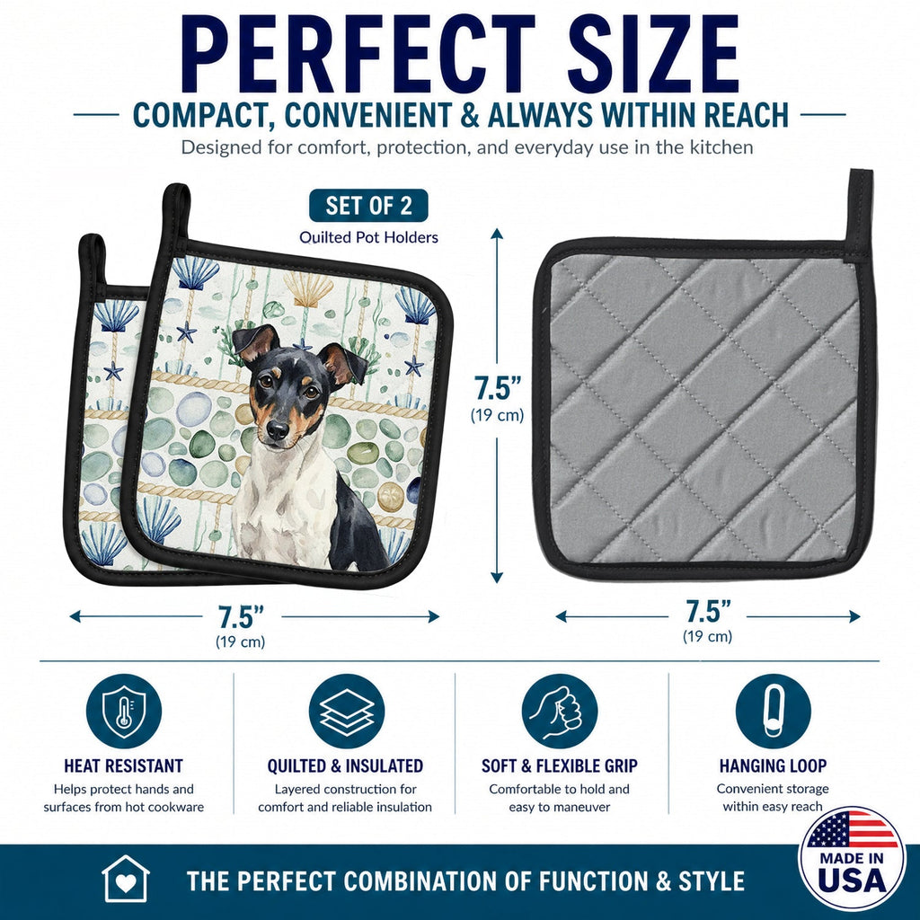 Black and White Rat Terrier Coastal Sea Glass Pot Holder Set of 2 Heat Resistant Quilted Hot Pads 7.5 x 7.5 Inch, Insulated Kitchen Trivets for Cooking & Baking