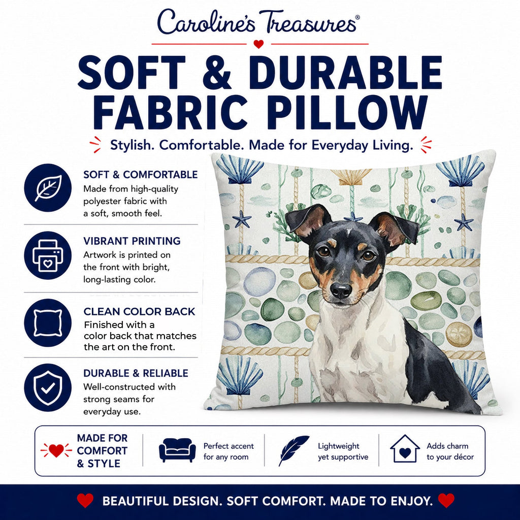 Black and White Rat Terrier Coastal Sea Glass Decorative Throw Pillow 14x14 Indoor Outdoor Accent Cushion, Fabric Cover with Insert for Sofa, Bed, Porch & Living Room