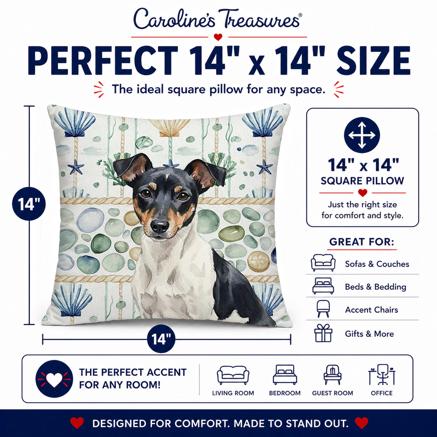 Black and White Rat Terrier Coastal Sea Glass Decorative Throw Pillow 14x14 Indoor Outdoor Accent Cushion, Fabric Cover with Insert for Sofa, Bed, Porch & Living Room