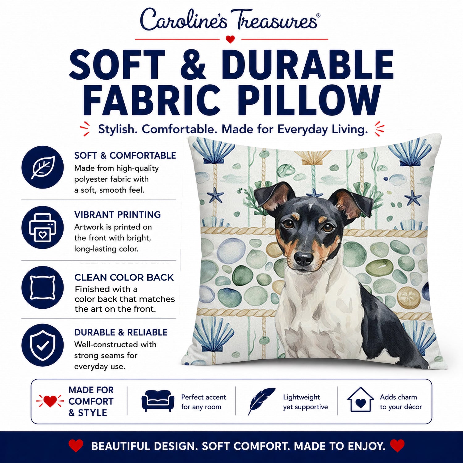 Black and White Rat Terrier Coastal Sea Glass Decorative Throw Pillow 18x18 Indoor Outdoor Accent Cushion, Fabric Cover with Insert for Sofa, Bed, Porch & Living Room