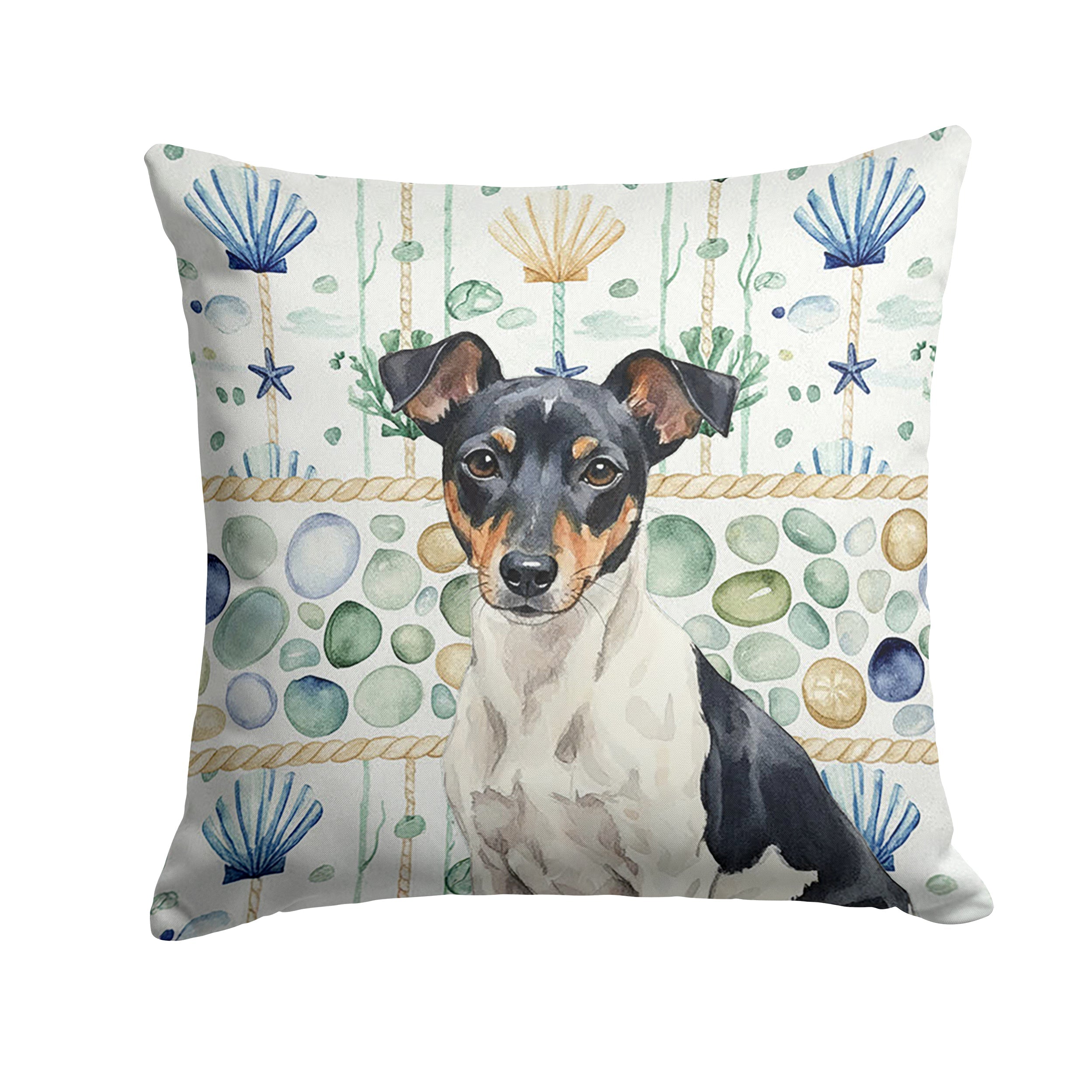 Black and White Rat Terrier Coastal Sea Glass Decorative Throw Pillow 18x18 Indoor Outdoor Accent Cushion, Fabric Cover with Insert for Sofa, Bed, Porch & Living Room