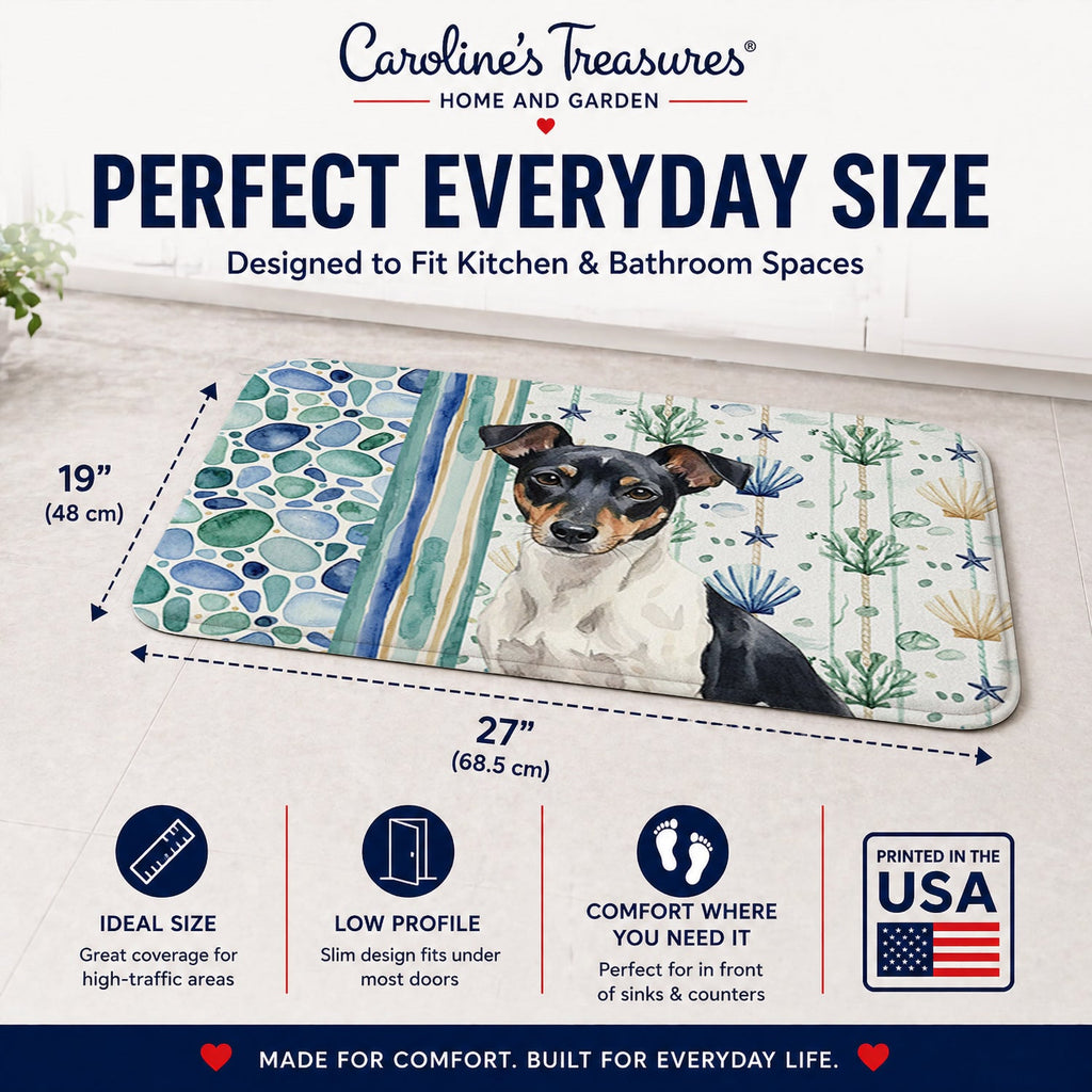Black and White Rat Terrier Coastal Sea Glass Memory Foam Kitchen Mat Machine Washable Anti-Fatigue Cushion Comfort Bath or Kitchen Rug