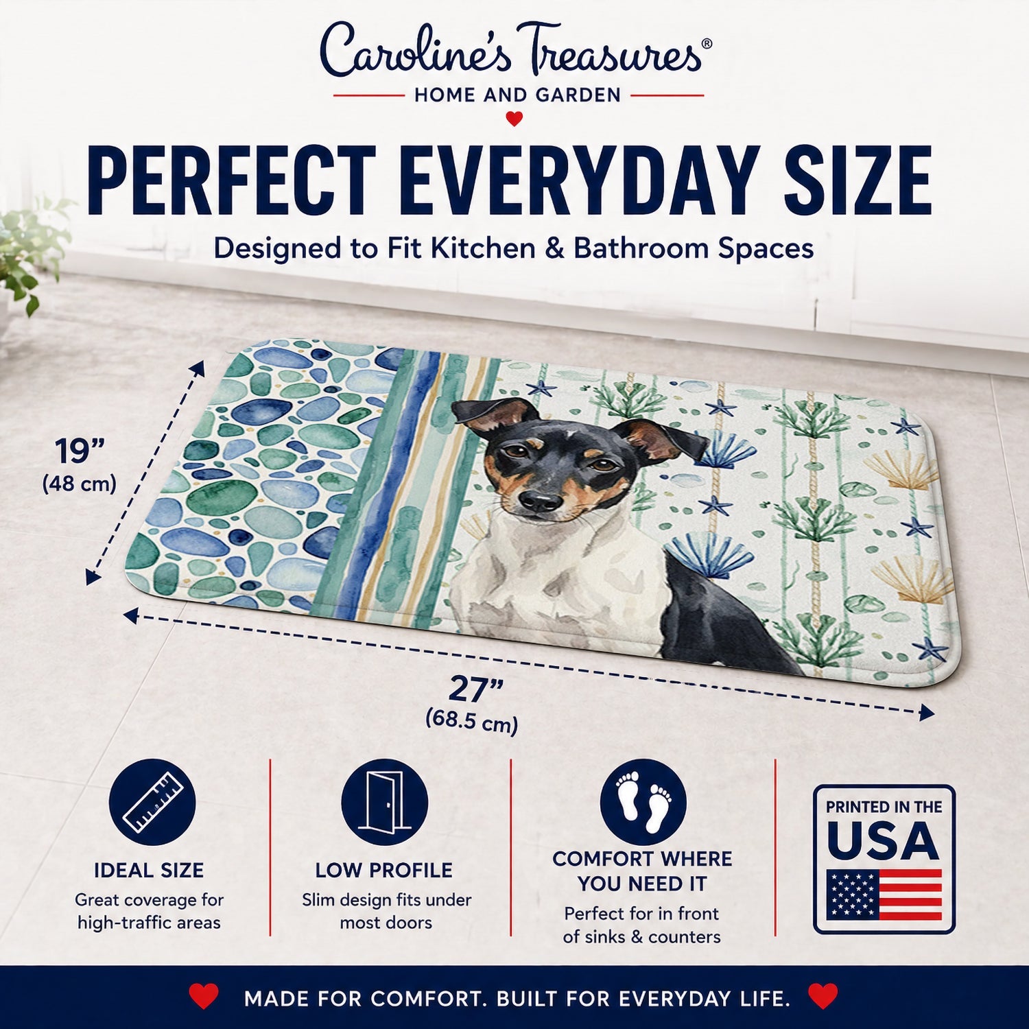 Black and White Rat Terrier Coastal Sea Glass Memory Foam Kitchen Mat Machine Washable Anti-Fatigue Cushion Comfort Bath or Kitchen Rug