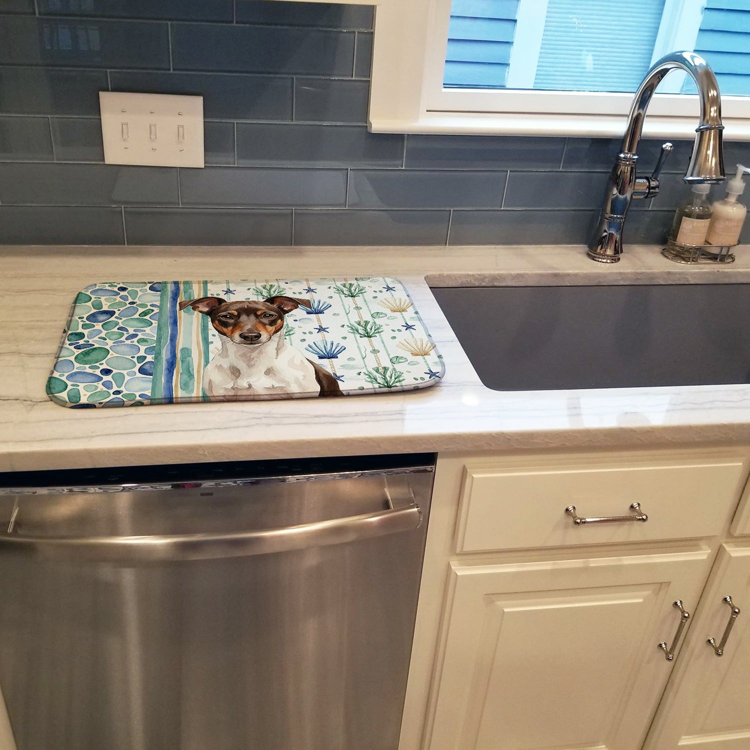 Chocolate and White Rat Terrier Coastal Sea Glass Dish Drying Mat Absorbent Dish Drying Mat Pad for Kitchen Counter Dish Drainer Mat for Countertop, 14 x 21", Multicolor