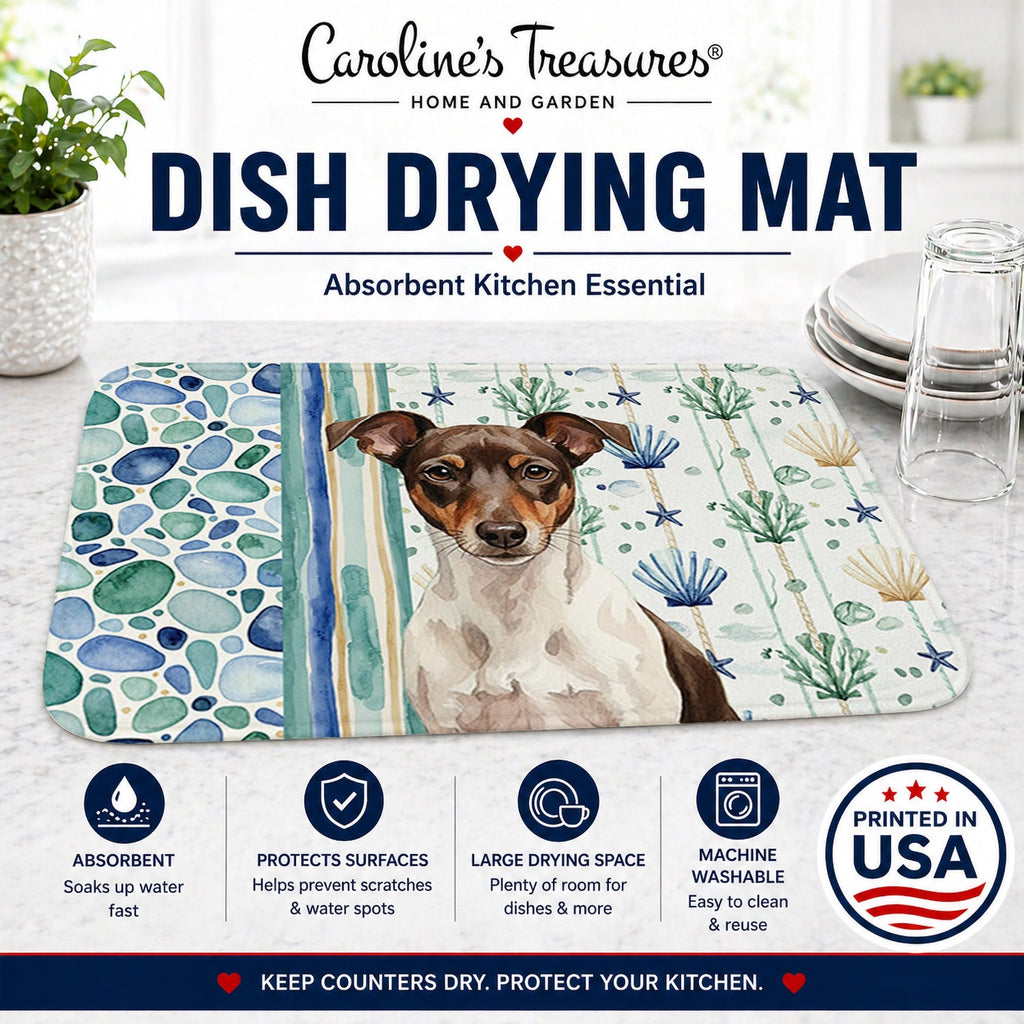 Chocolate and White Rat Terrier Coastal Sea Glass Dish Drying Mat Absorbent Dish Drying Mat Pad for Kitchen Counter Dish Drainer Mat for Countertop, 14 x 21", Multicolor