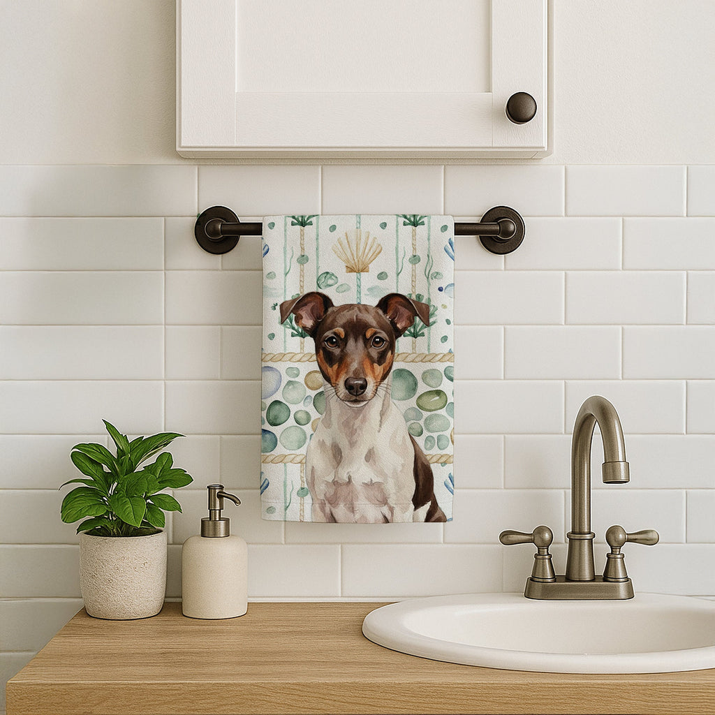 Chocolate and White Rat Terrier Coastal Sea Glass Kitchen Towel Velour Plush Front and Cotton Loop Back Machine Washable