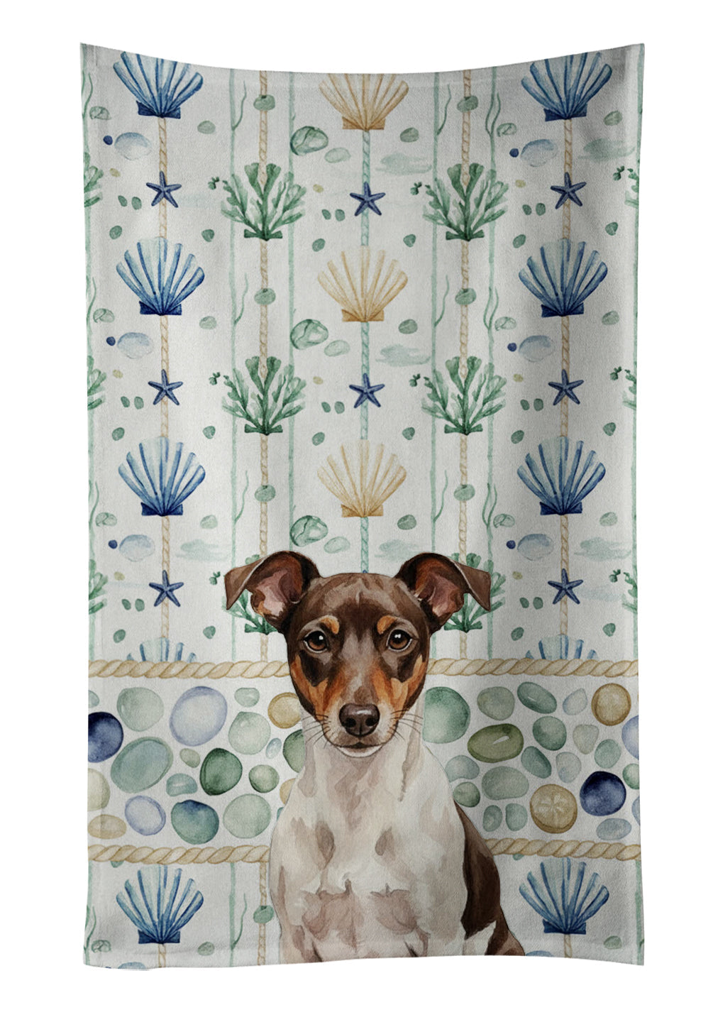 Chocolate and White Rat Terrier Coastal Sea Glass Kitchen Towel Velour Plush Front and Cotton Loop Back Machine Washable