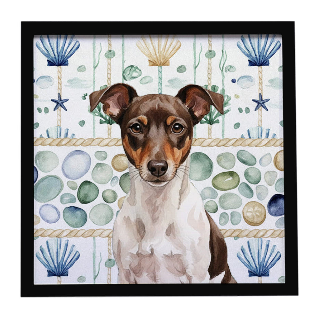 Chocolate and White Rat Terrier Coastal Sea Glass Framed Metal Print Bathroom, Kitchen, Office, Home Decor Wall Art Ready to Hang, Square, 8X8