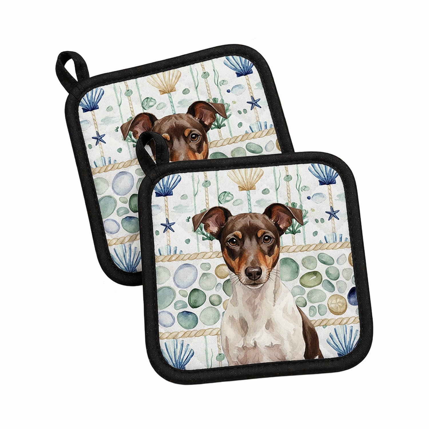 Chocolate and White Rat Terrier Coastal Sea Glass Pot Holder Set of 2 Heat Resistant Quilted Hot Pads 7.5 x 7.5 Inch, Insulated Kitchen Trivets for Cooking & Baking
