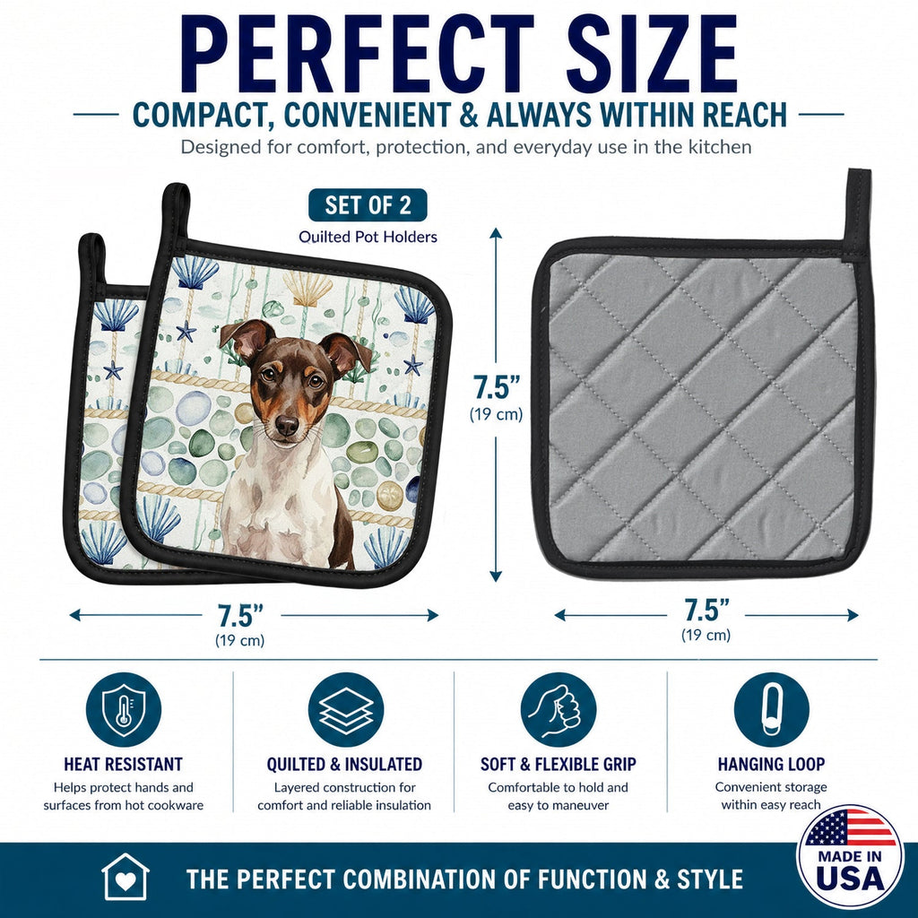 Chocolate and White Rat Terrier Coastal Sea Glass Pot Holder Set of 2 Heat Resistant Quilted Hot Pads 7.5 x 7.5 Inch, Insulated Kitchen Trivets for Cooking & Baking
