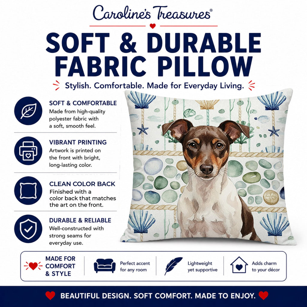Chocolate and White Rat Terrier Coastal Sea Glass Decorative Throw Pillow 14x14 Indoor Outdoor Accent Cushion, Fabric Cover with Insert for Sofa, Bed, Porch & Living Room