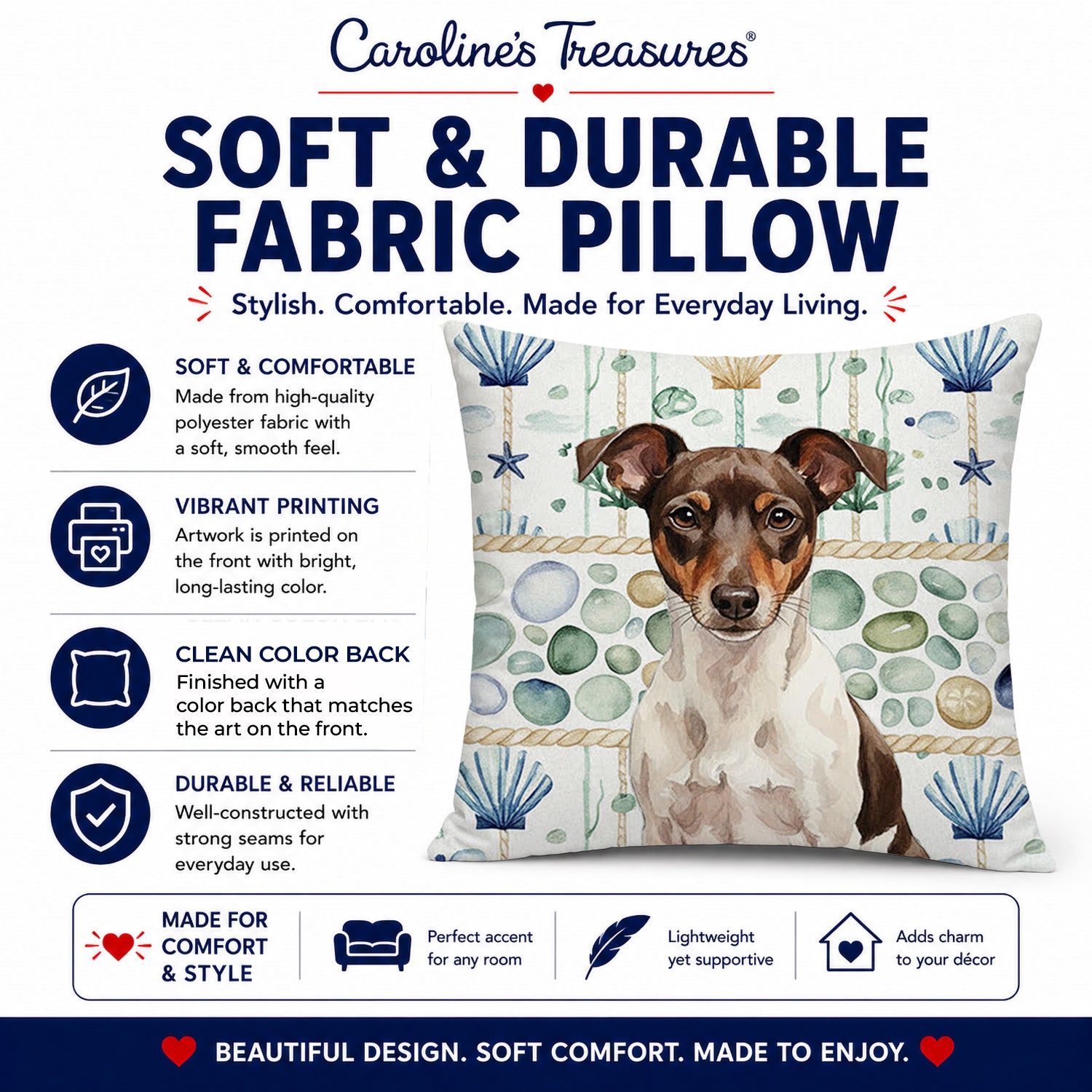 Chocolate and White Rat Terrier Coastal Sea Glass Decorative Throw Pillow 14x14 Indoor Outdoor Accent Cushion, Fabric Cover with Insert for Sofa, Bed, Porch & Living Room