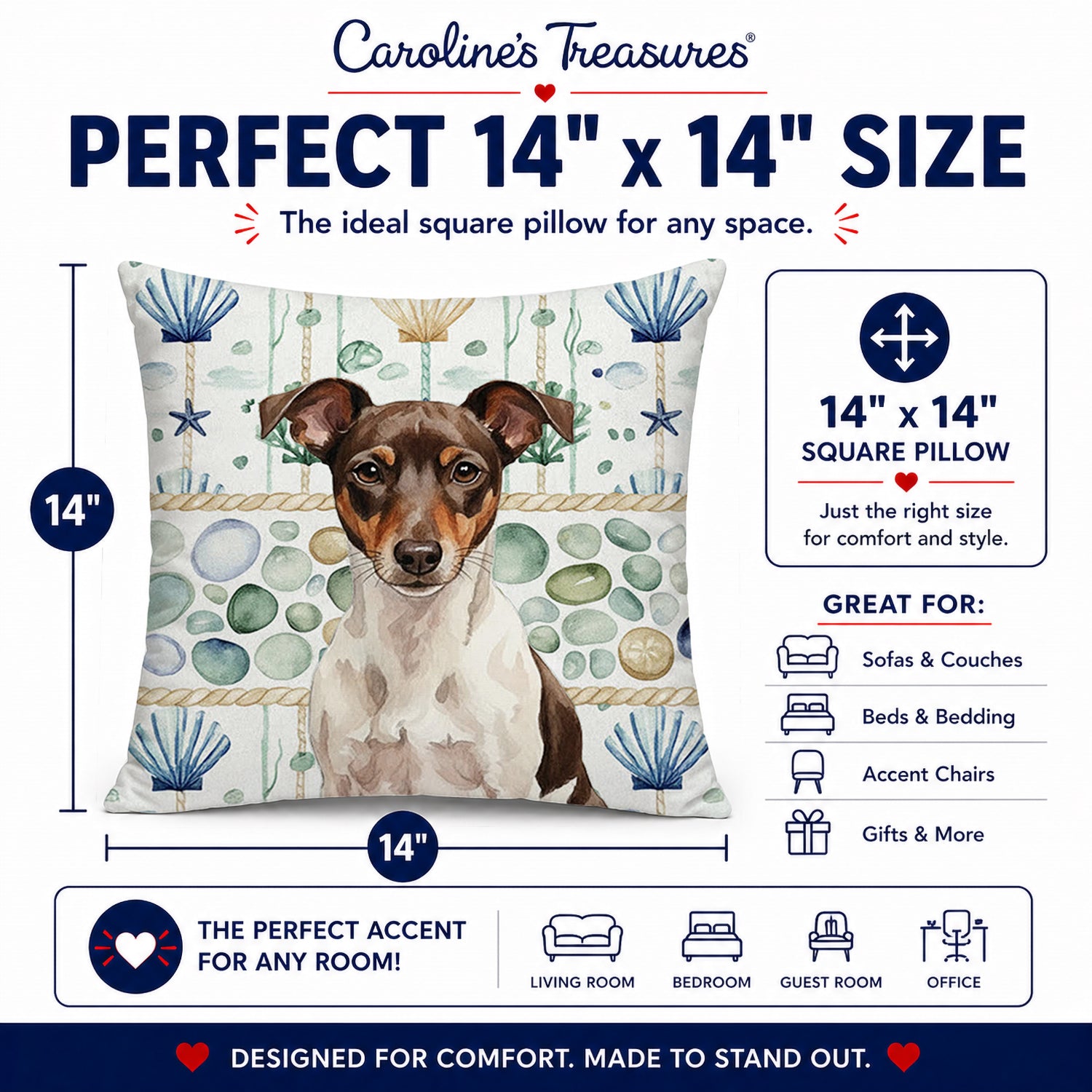 Chocolate and White Rat Terrier Coastal Sea Glass Decorative Throw Pillow 14x14 Indoor Outdoor Accent Cushion, Fabric Cover with Insert for Sofa, Bed, Porch & Living Room