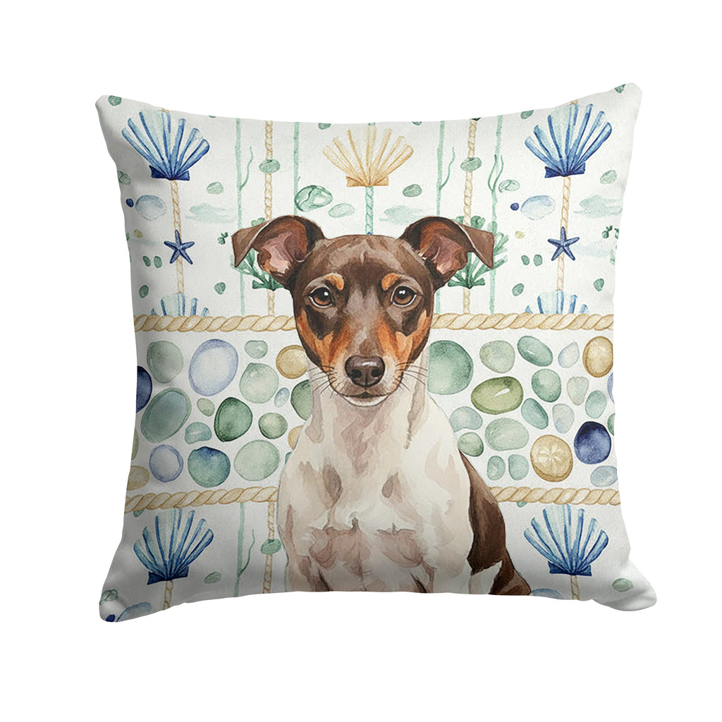 Chocolate and White Rat Terrier Coastal Sea Glass Decorative Throw Pillow 14x14 Indoor Outdoor Accent Cushion, Fabric Cover with Insert for Sofa, Bed, Porch & Living Room