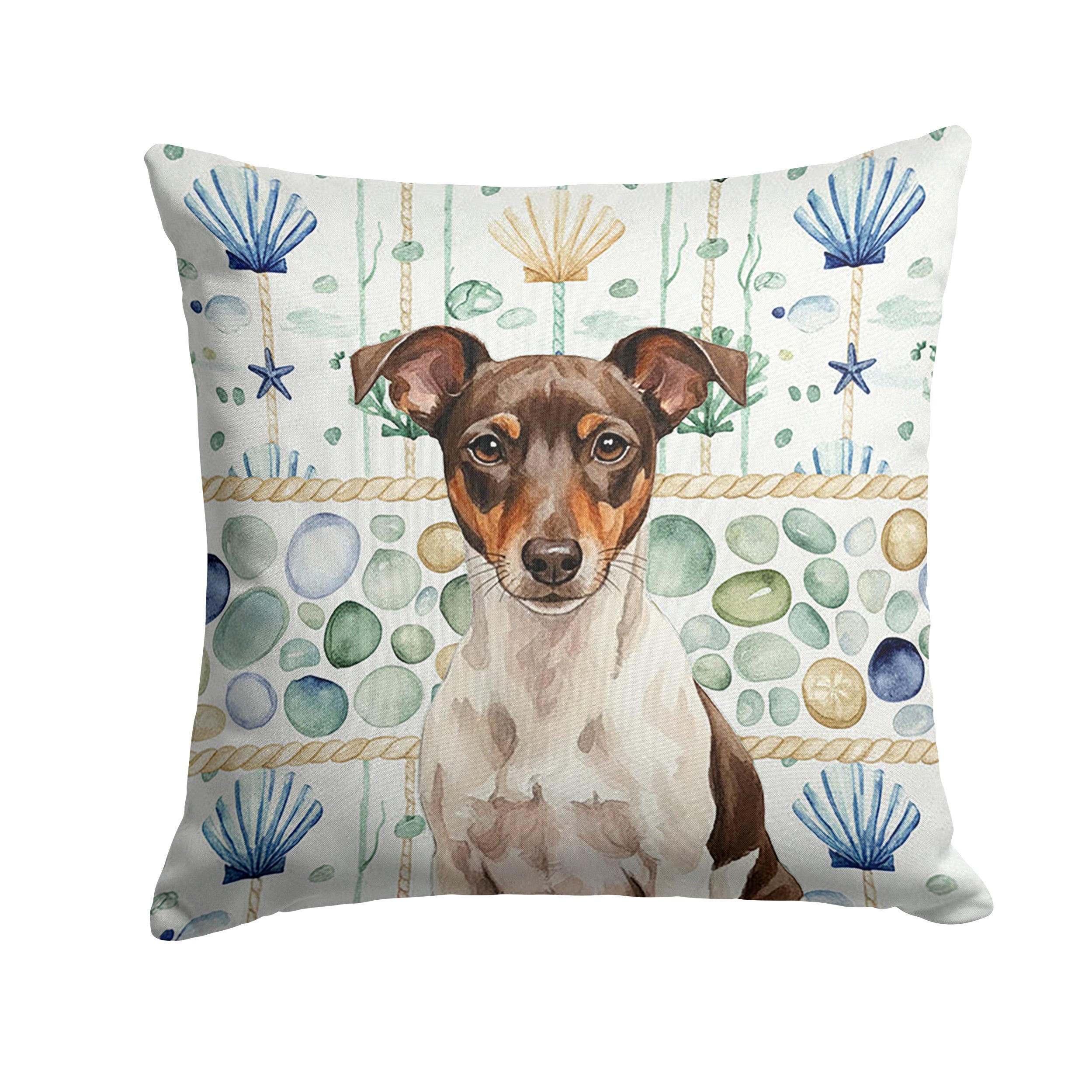 Chocolate and White Rat Terrier Coastal Sea Glass Decorative Throw Pillow 14x14 Indoor Outdoor Accent Cushion, Fabric Cover with Insert for Sofa, Bed, Porch & Living Room